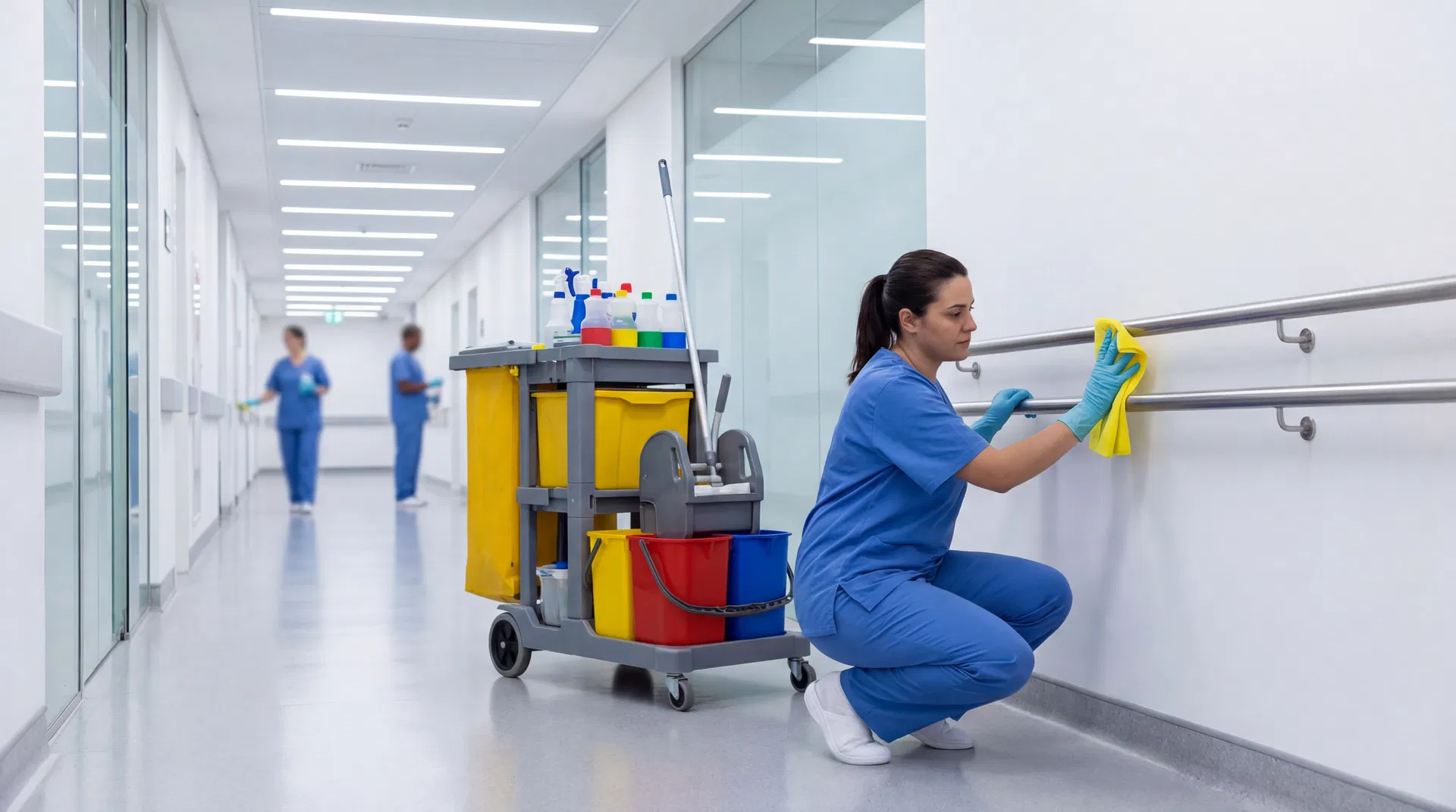 Profissional de limpeza hospitalar realizando higienização em corredor de hospital