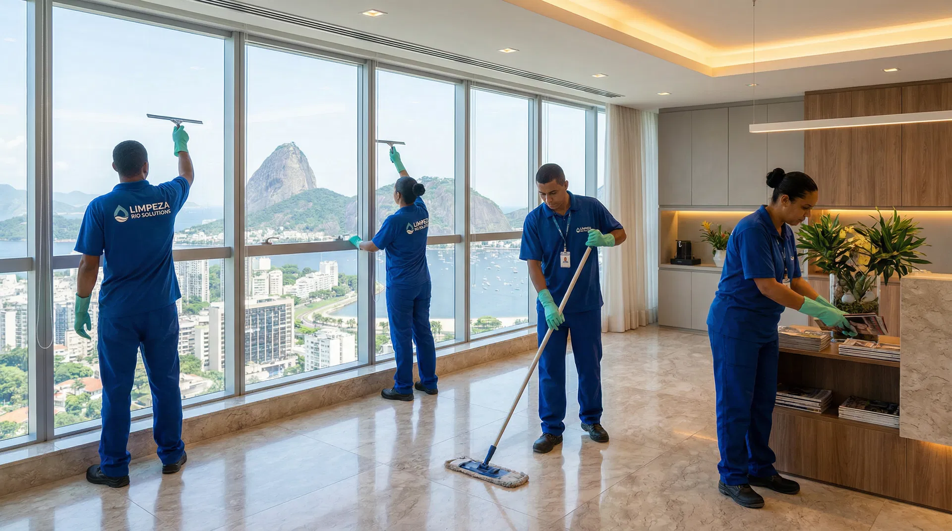 Equipe profissional de limpeza terceirizada trabalhando em escritório corporativo no Rio de Janeiro
