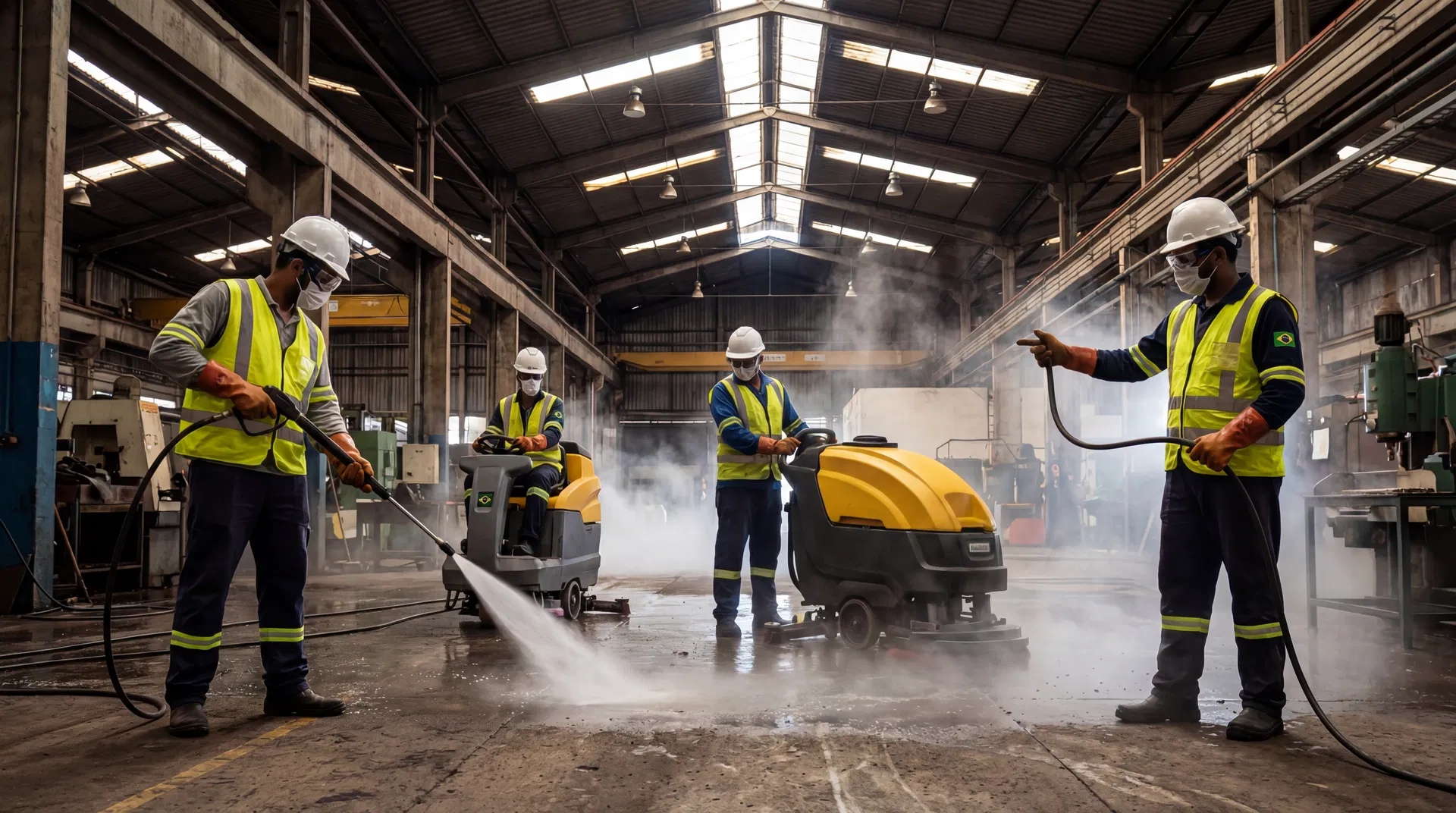 Equipe de limpeza industrial realizando lavagem pesada em galpão com equipamentos profissionais