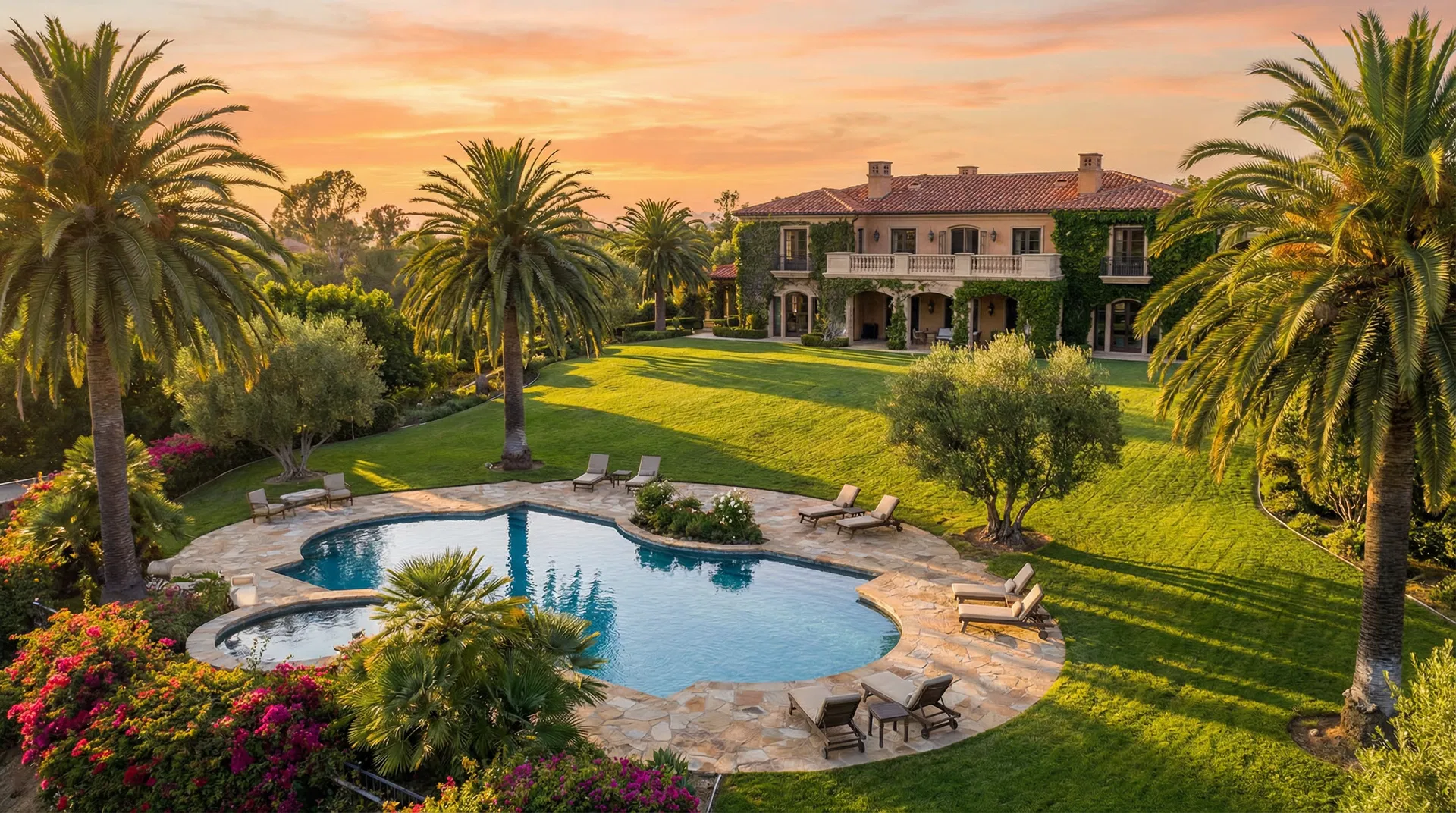 Estate grounds at golden hour