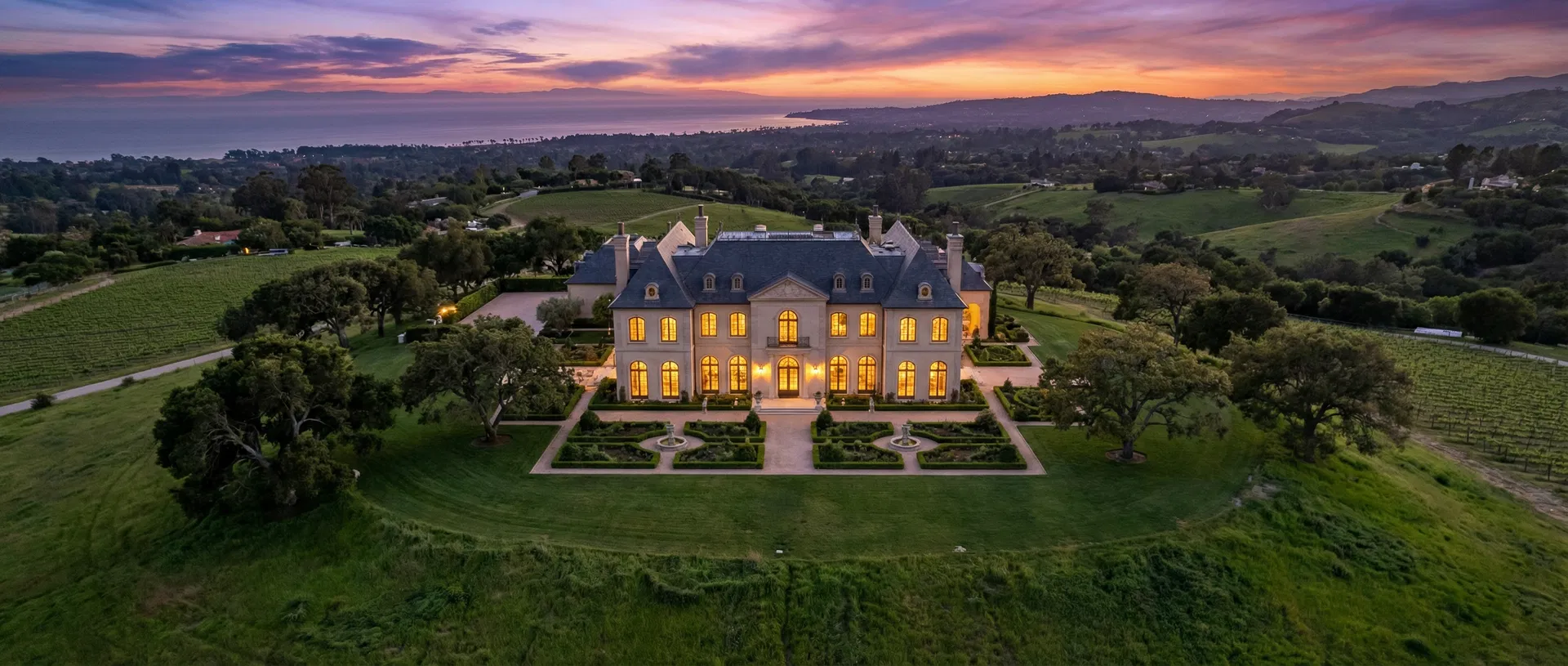 MyThea Castle aerial view at twilight