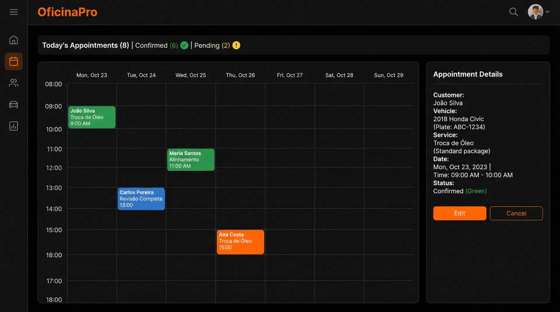 Tela de Agendamento do OficinaPro mostrando calendário semanal com compromissos, detalhes do agendamento e status