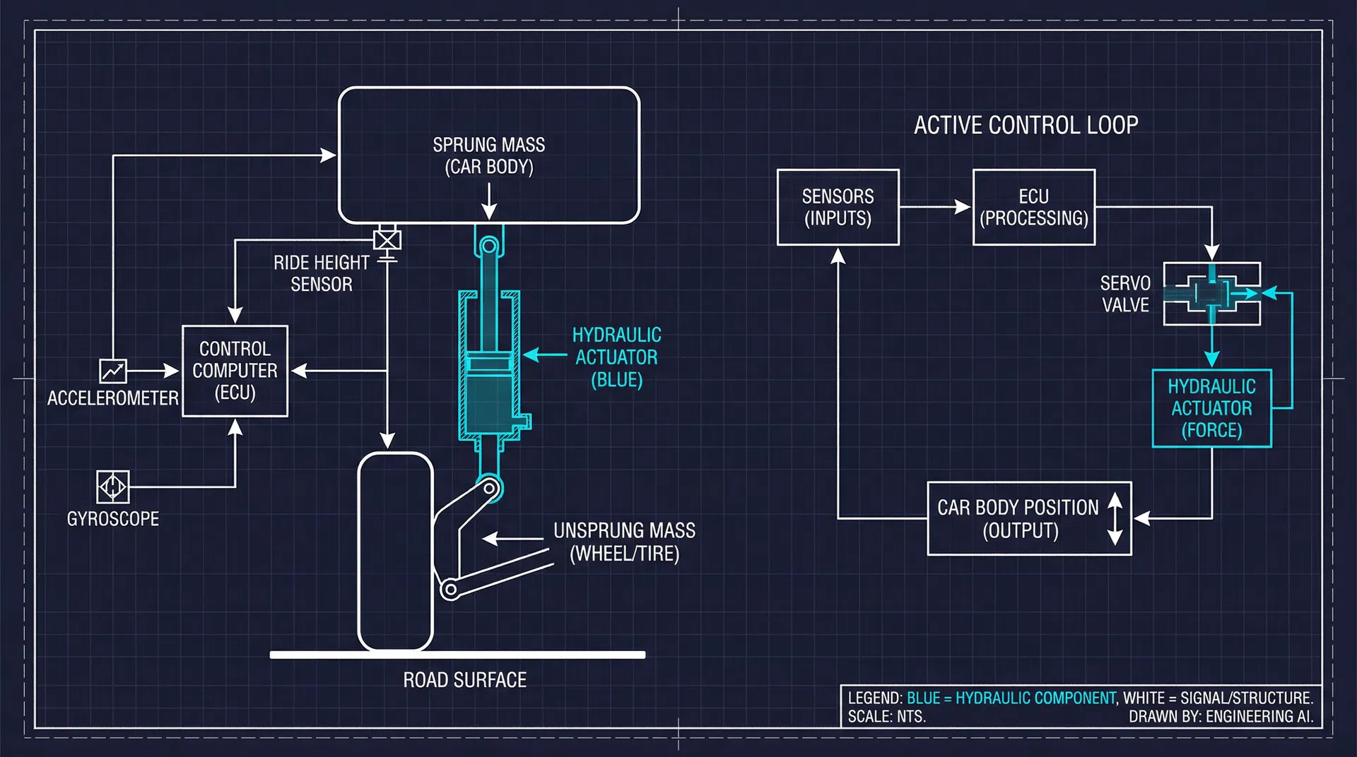 Active suspension control loop schematic showing quarter-car model with hydraulic actuator, sensors, ECU, and servo valve feedback system