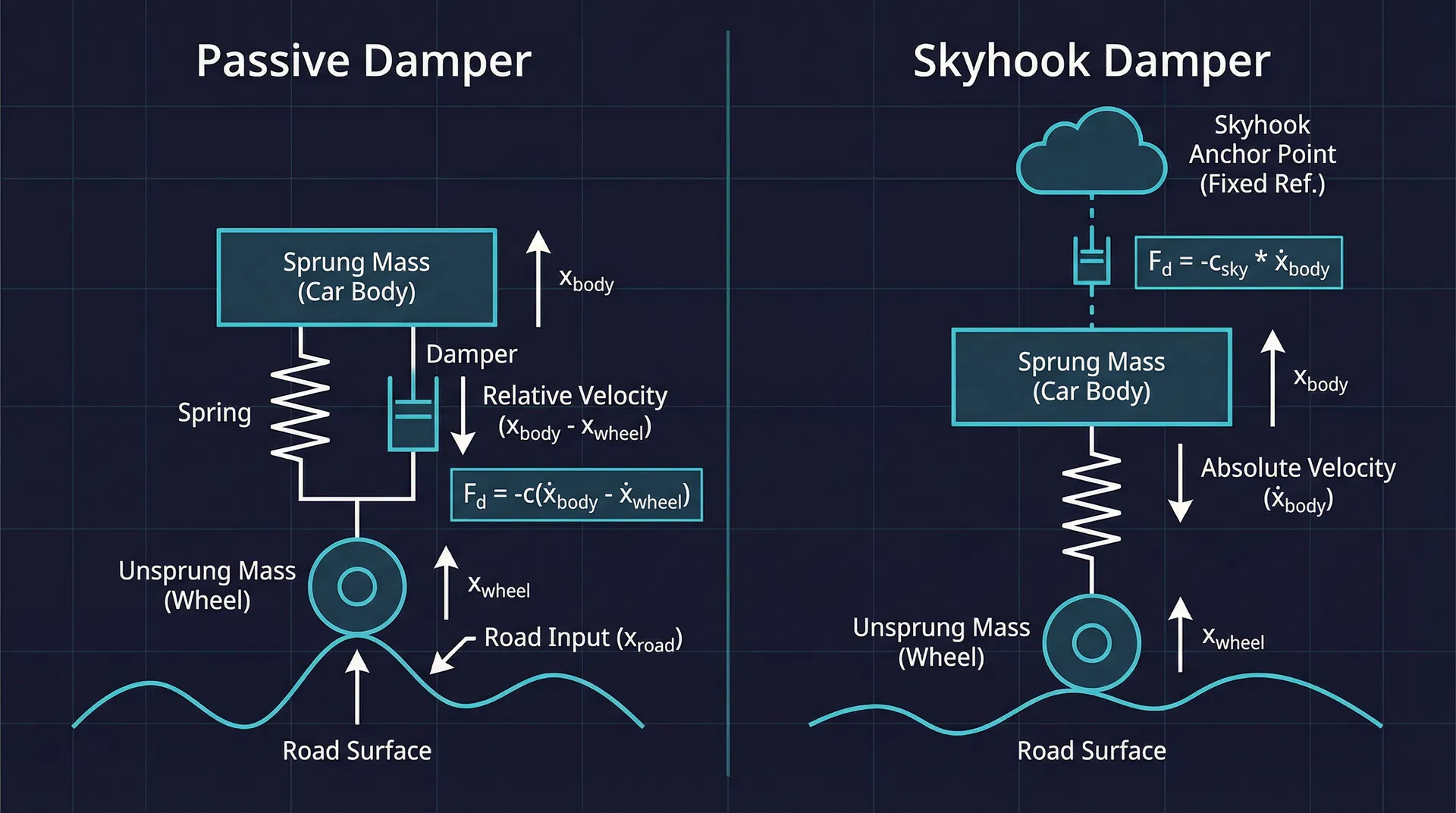 Side-by-side comparison of passive damper (force depends on relative velocity between body and wheel) versus skyhook damper (force depends on absolute body velocity, with imaginary anchor point in the sky)