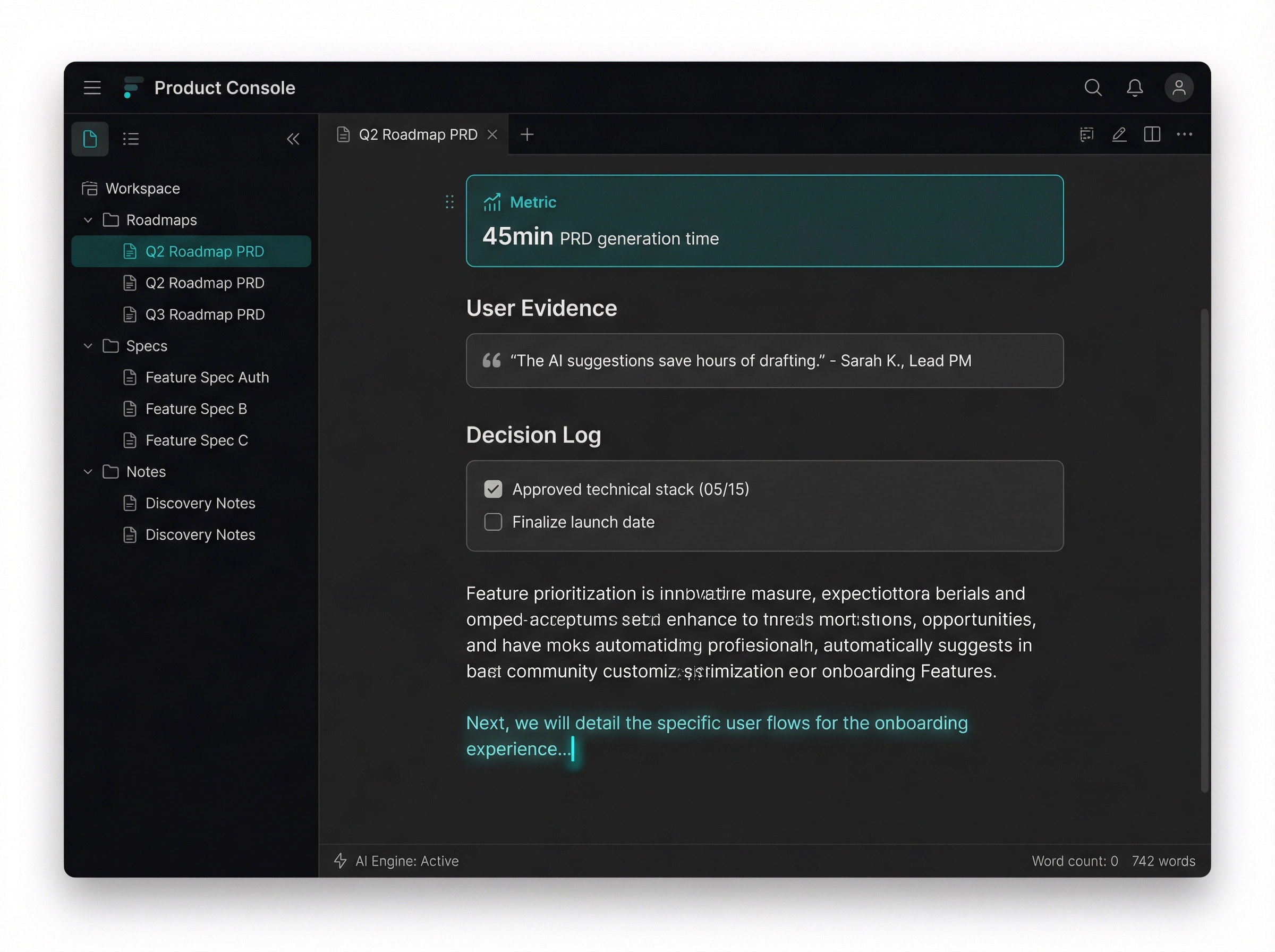Product Console editor interface