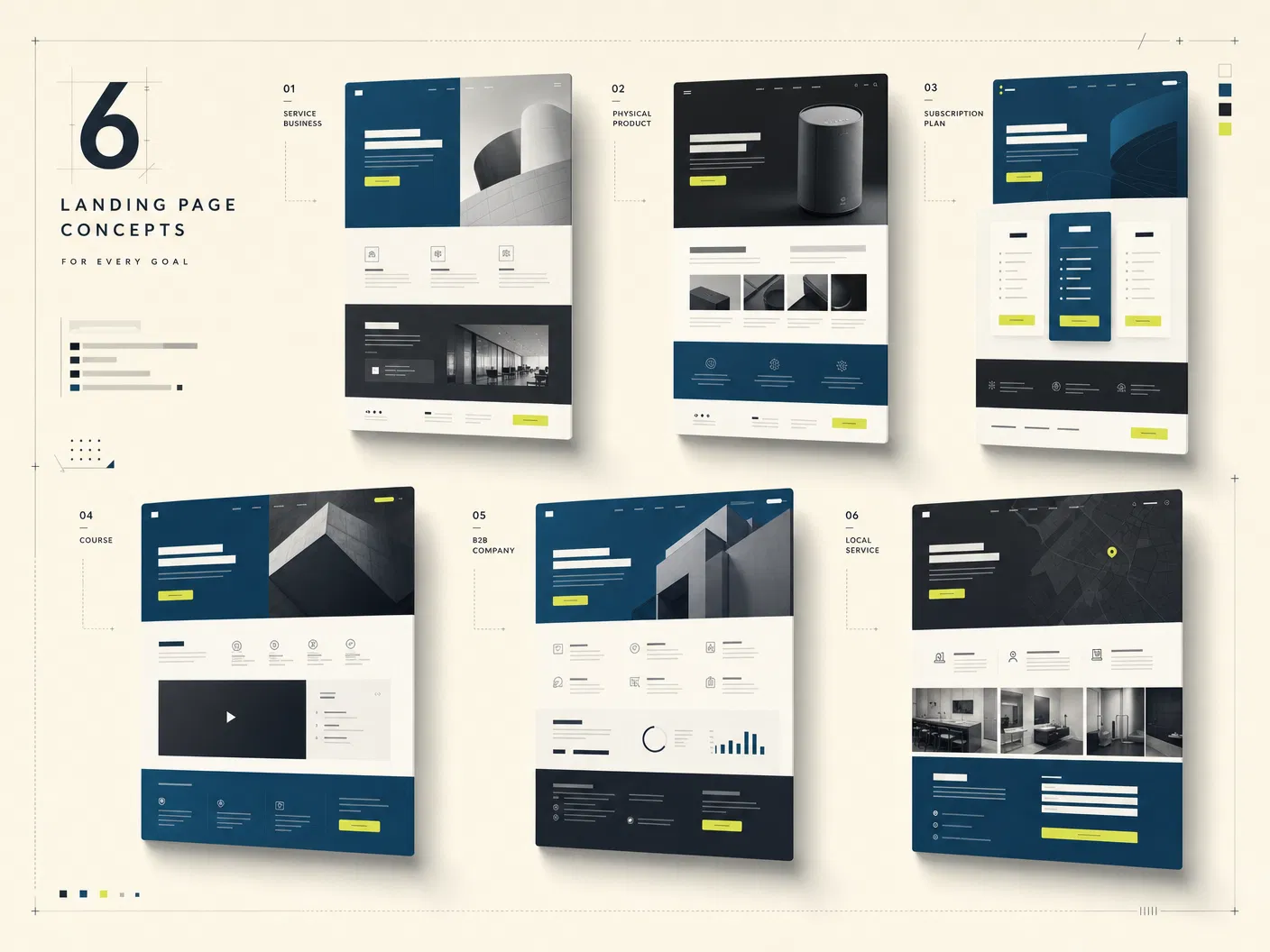 Painel com exemplos conceituais de diferentes landing pages demonstrativas