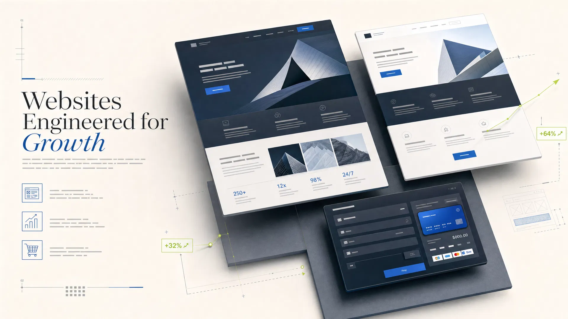 Mockups conceituais de sites profissionais com estrutura de conversão