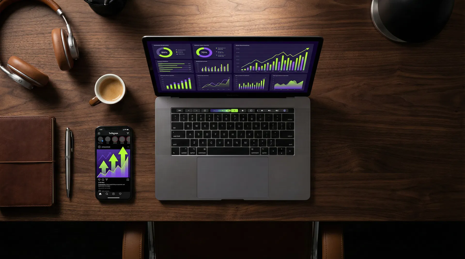 Dashboard de marketing digital com métricas de crescimento — Instagram, tráfego pago e analytics