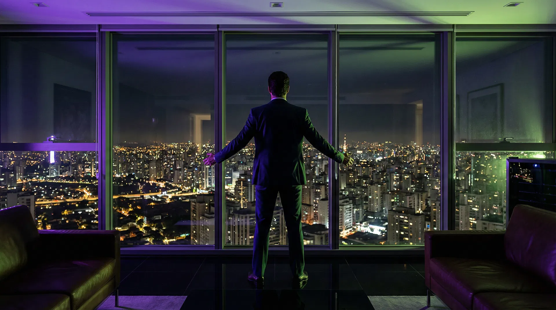 CEO brasileiro contemplando a cidade à noite — visão estratégica de negócios