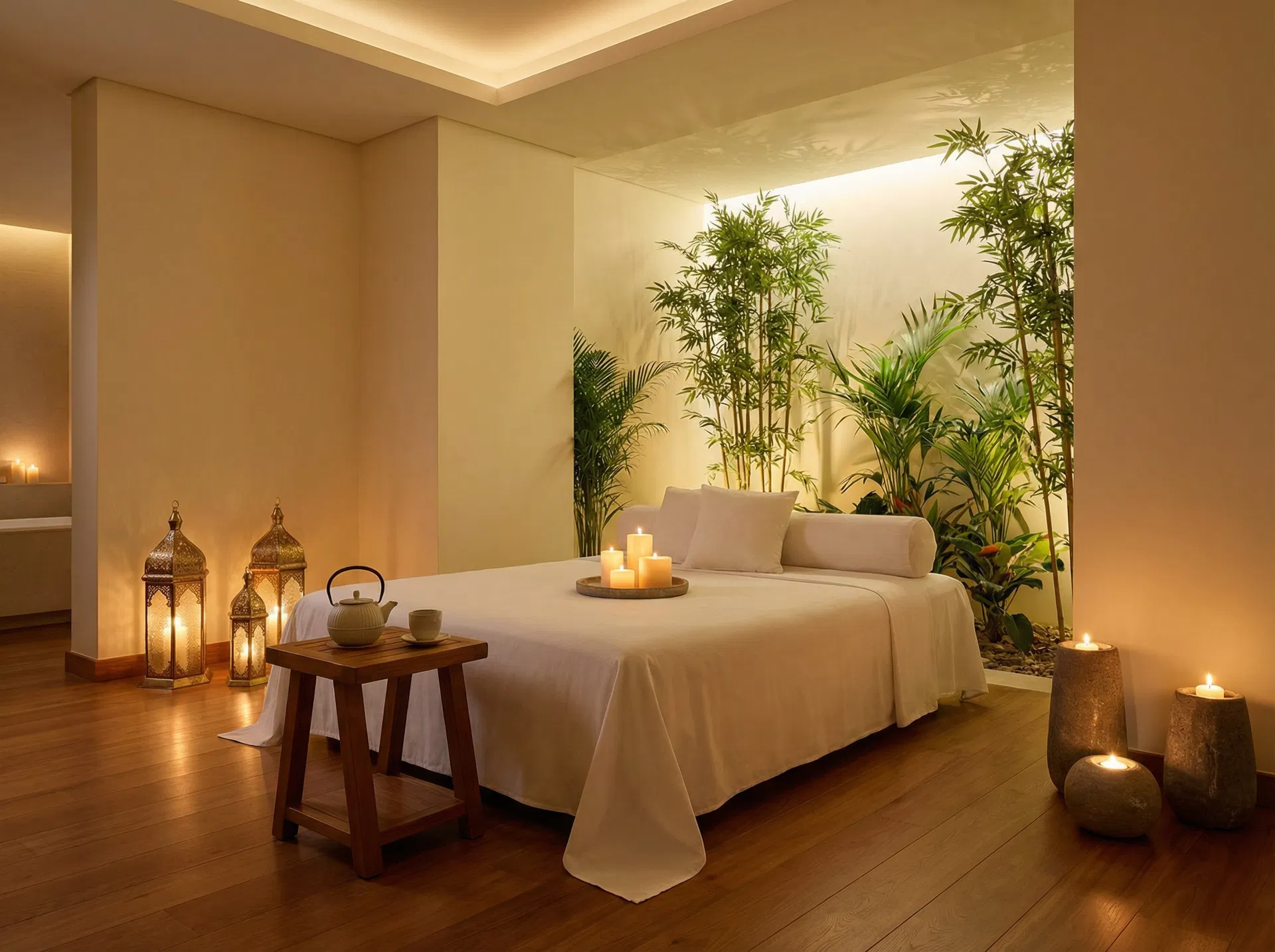 Área de relaxamento com velas e plantas tropicais