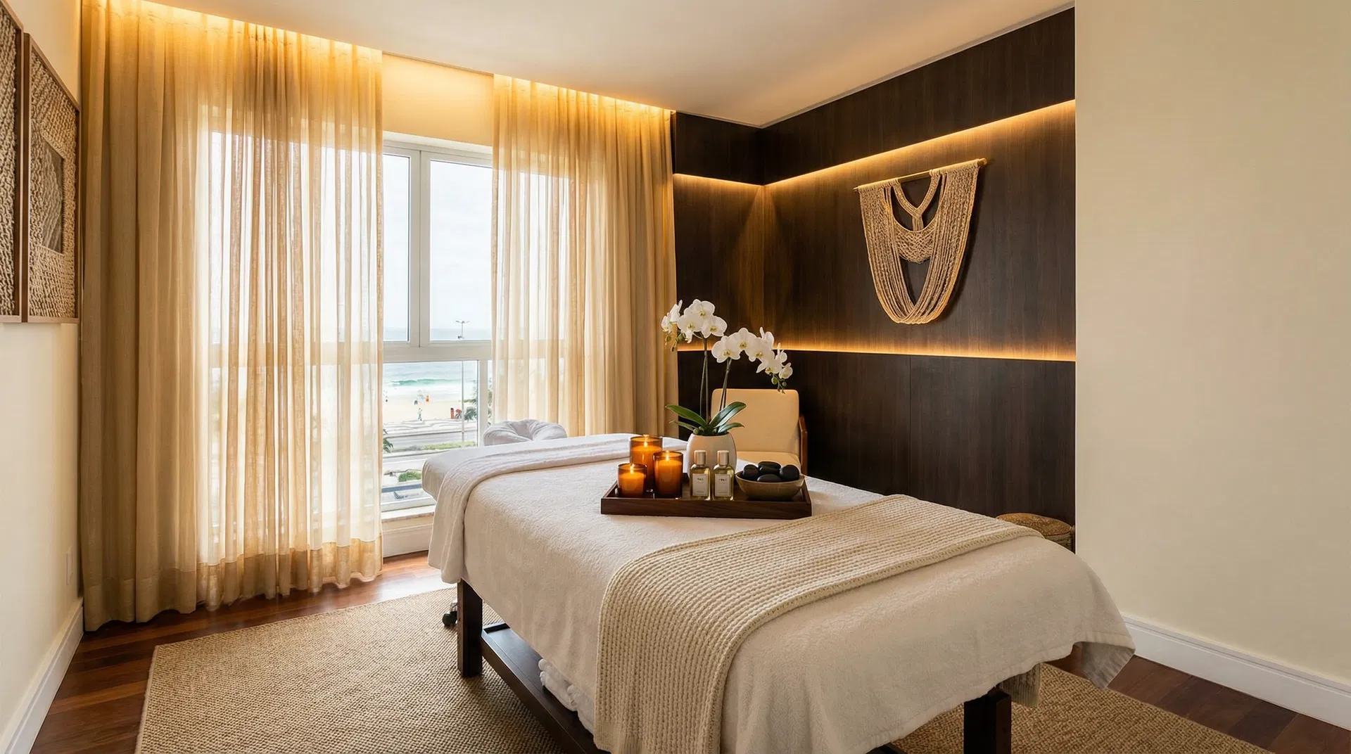 Ambiente premium de spa em Copacabana com maca, velas e óleos essenciais
