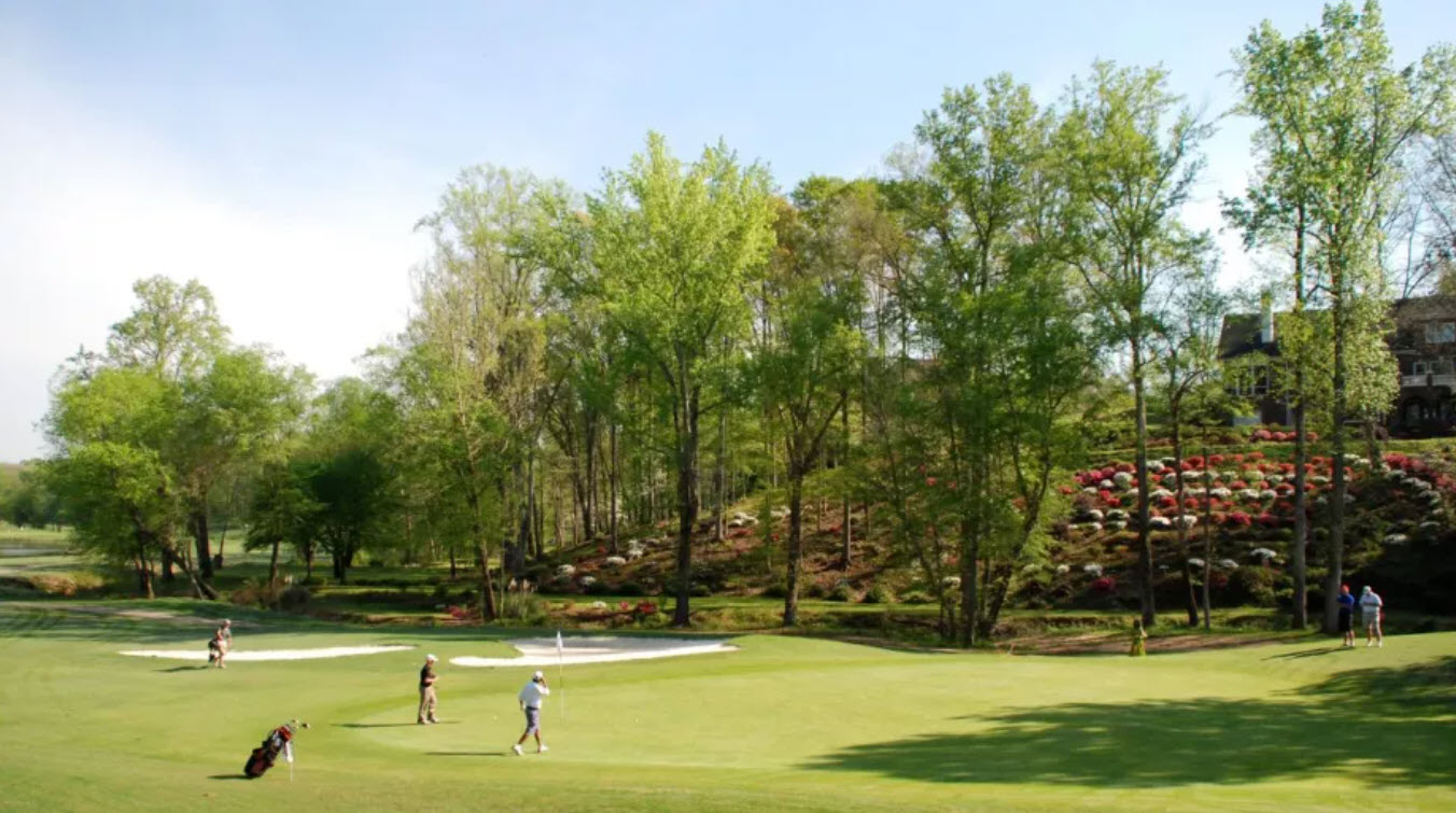 Scenic view of a golf hole at The Château Course at Château Élan with rolling fairways and mature trees under a clear sky
