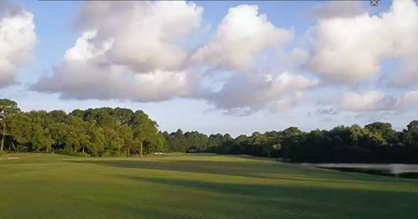 Scenic view of a green and fairway at Indian Mound Golf Course on Jekyll Island, Georgia, surrounded by trees.