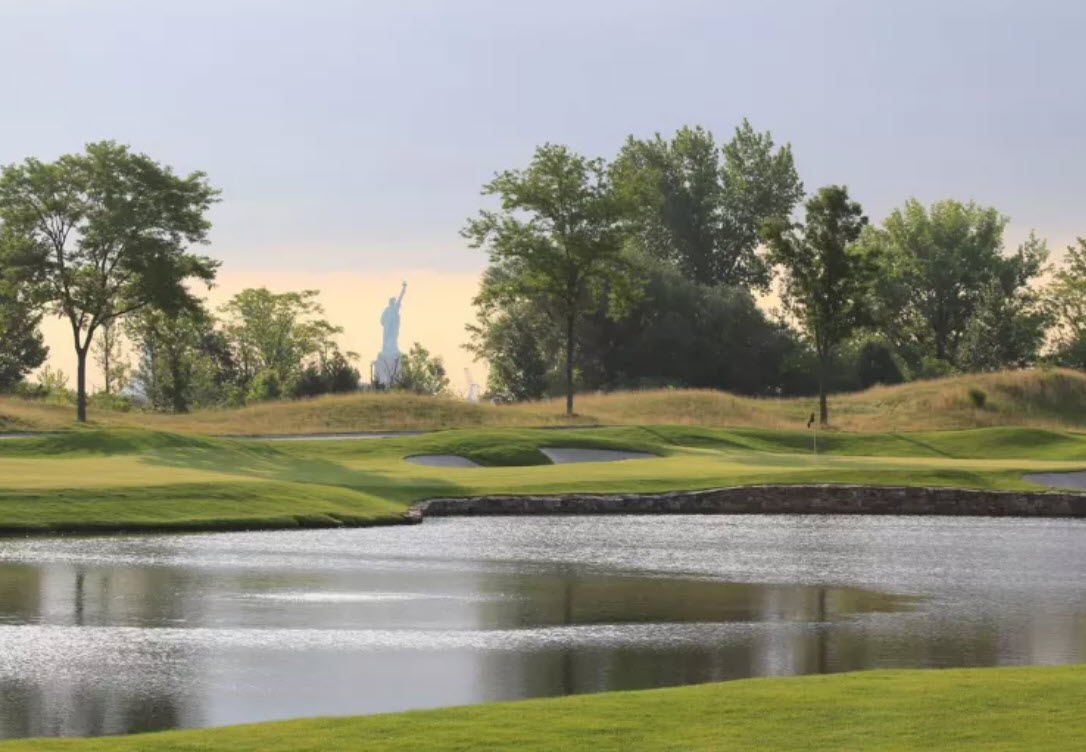 Panoramic view of Liberty National Golf Club with the Manhattan skyline and Statue of Liberty in the background
