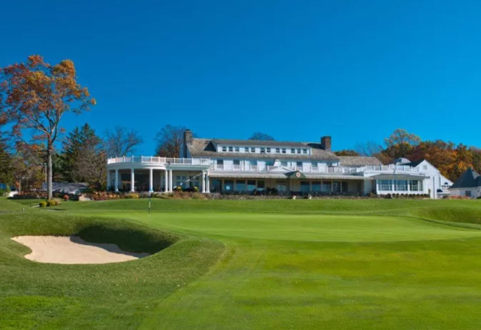 Overview of the pristine green fairways and clubhouse at Montclair Golf Club in West Orange, New Jersey