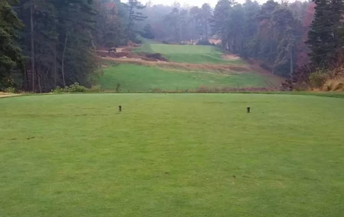 Aerial view of a challenging hole at Pine Valley Golf Club with dense pine trees and sandy waste areas