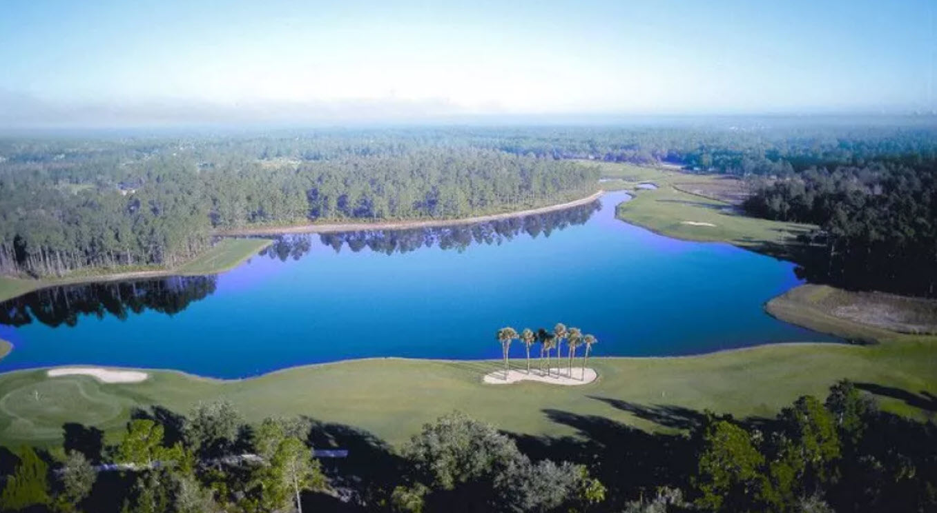 Scenic view of a green and fairway on the Prestwick/Club golf course at Plantation Bay in Ormond Beach, Florida