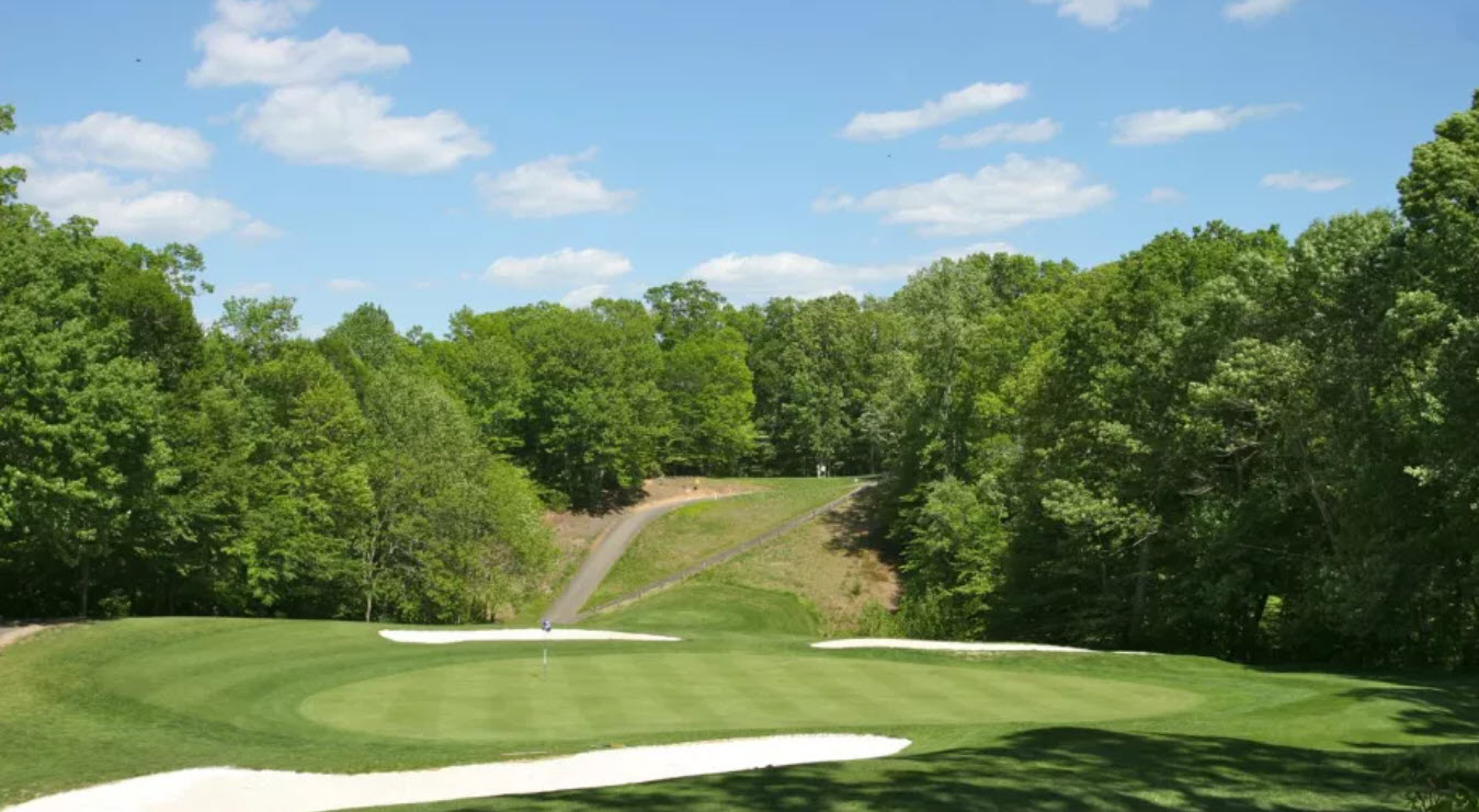 Scenic view of a green and fairway at Pohick Bay Golf Course with trees in the background