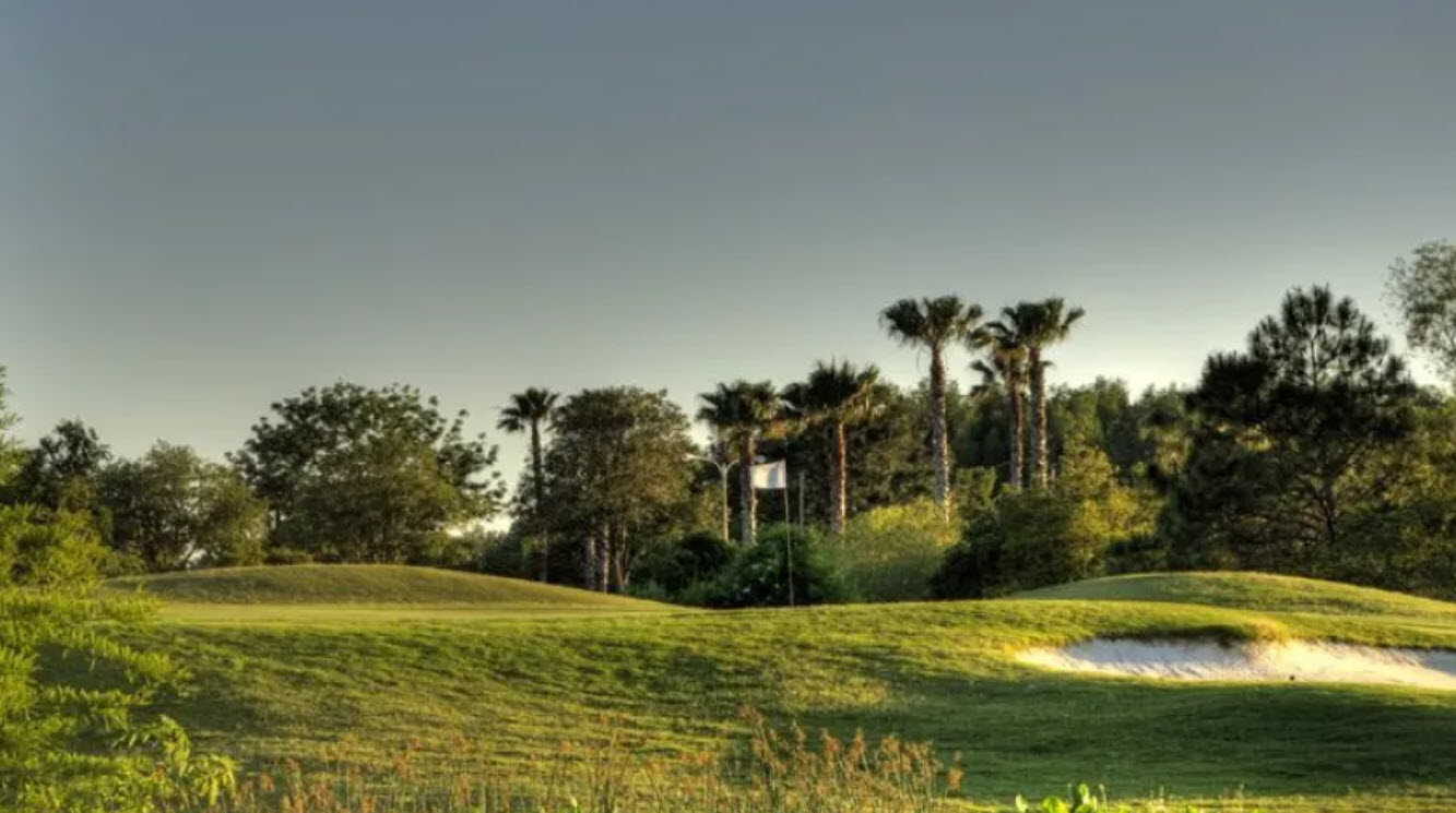 Panoramic view of a green and fairway at Tampa Bay Golf and Country Club under a blue sky