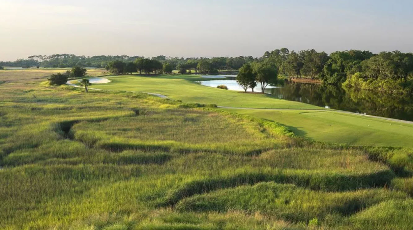 Aerial view of the Retreat Course at Sea Island with its open fairways and coastal landscape