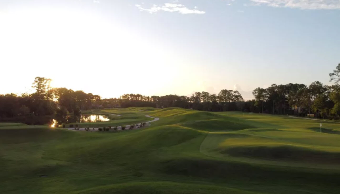 Aerial view of a lush green golf course fairway winding through trees with a pond in the foreground at The Golf Club at Fleming Island