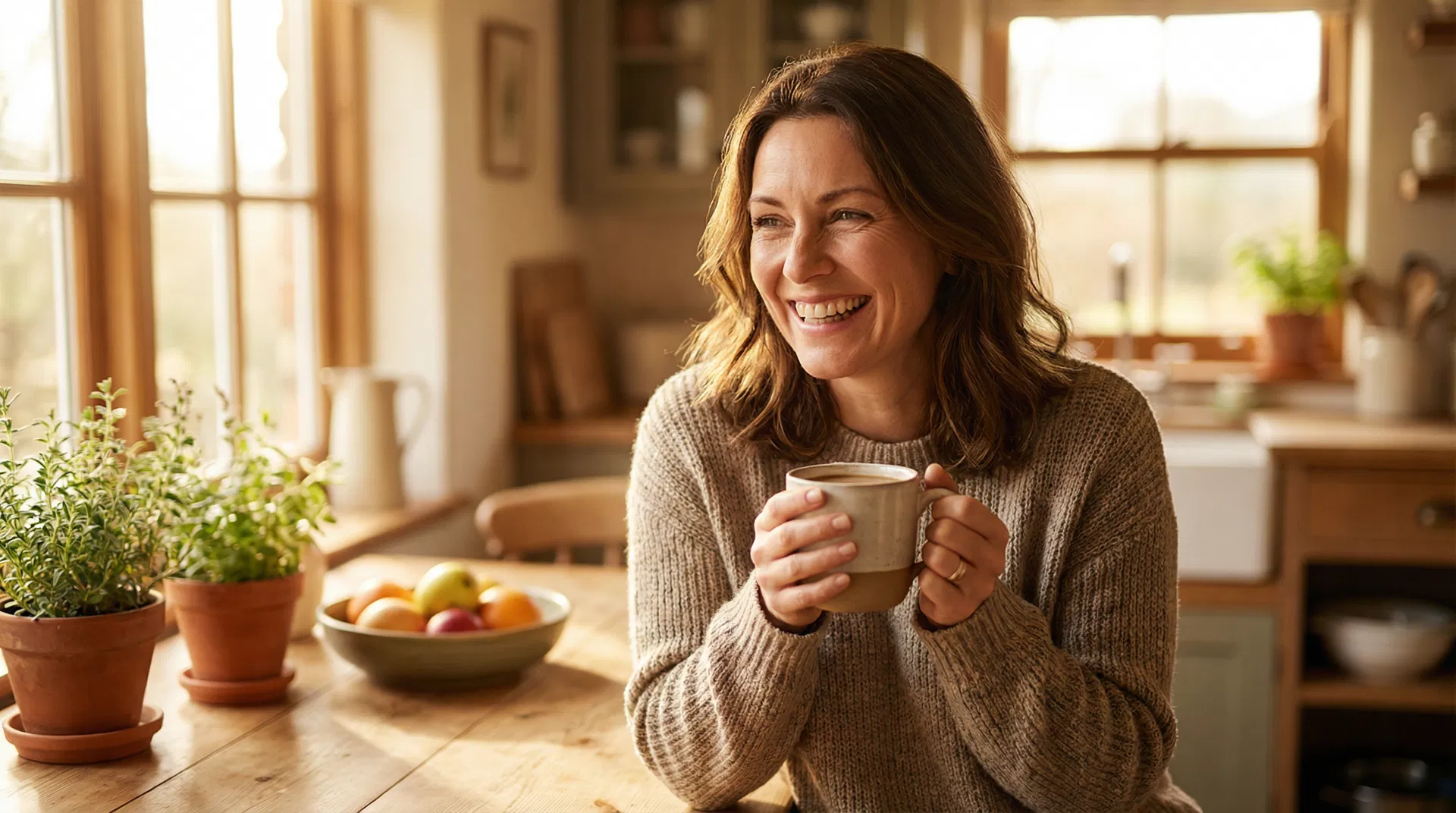 Woman enjoying energetic morning with coffee