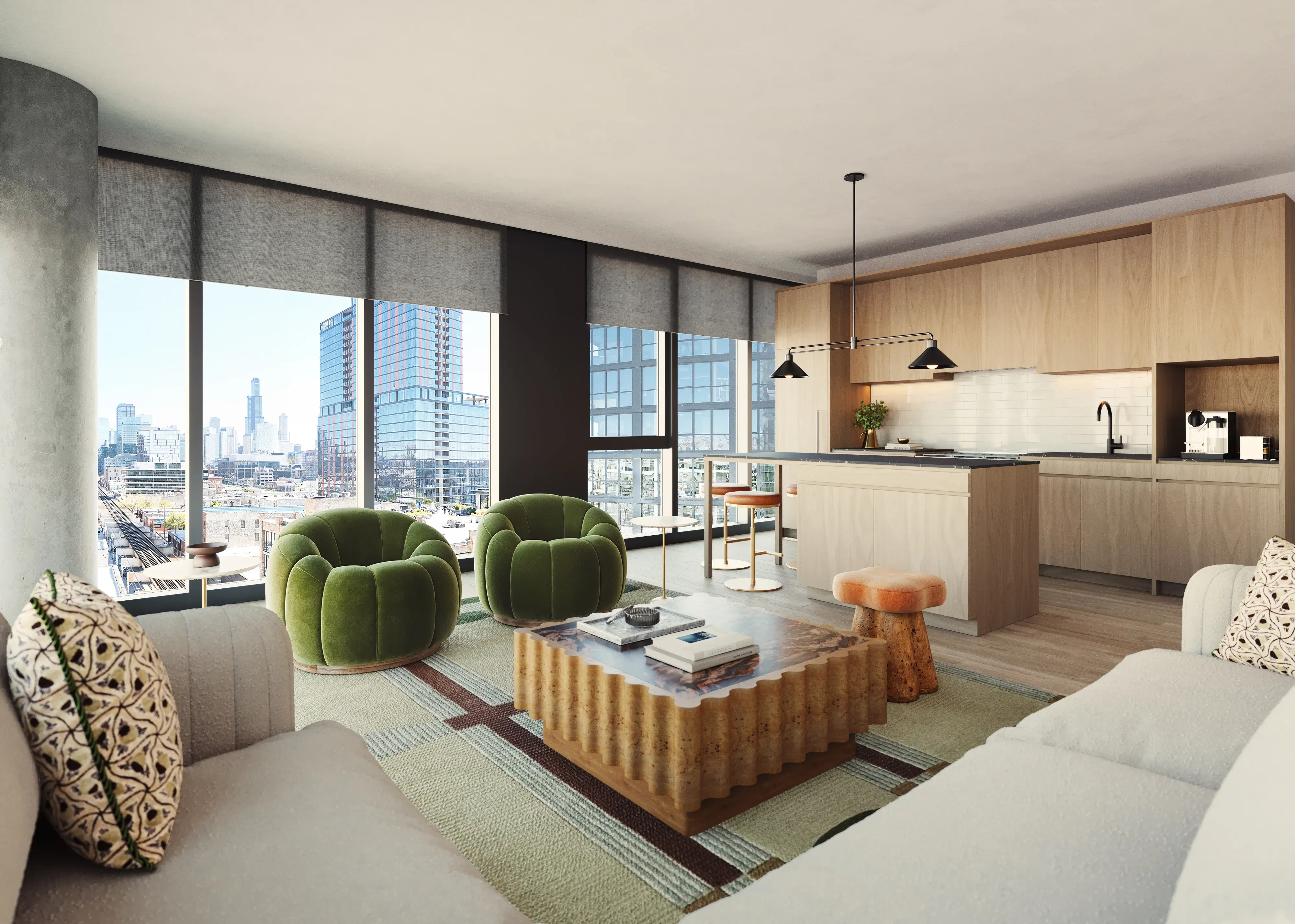 Open living room with kitchen