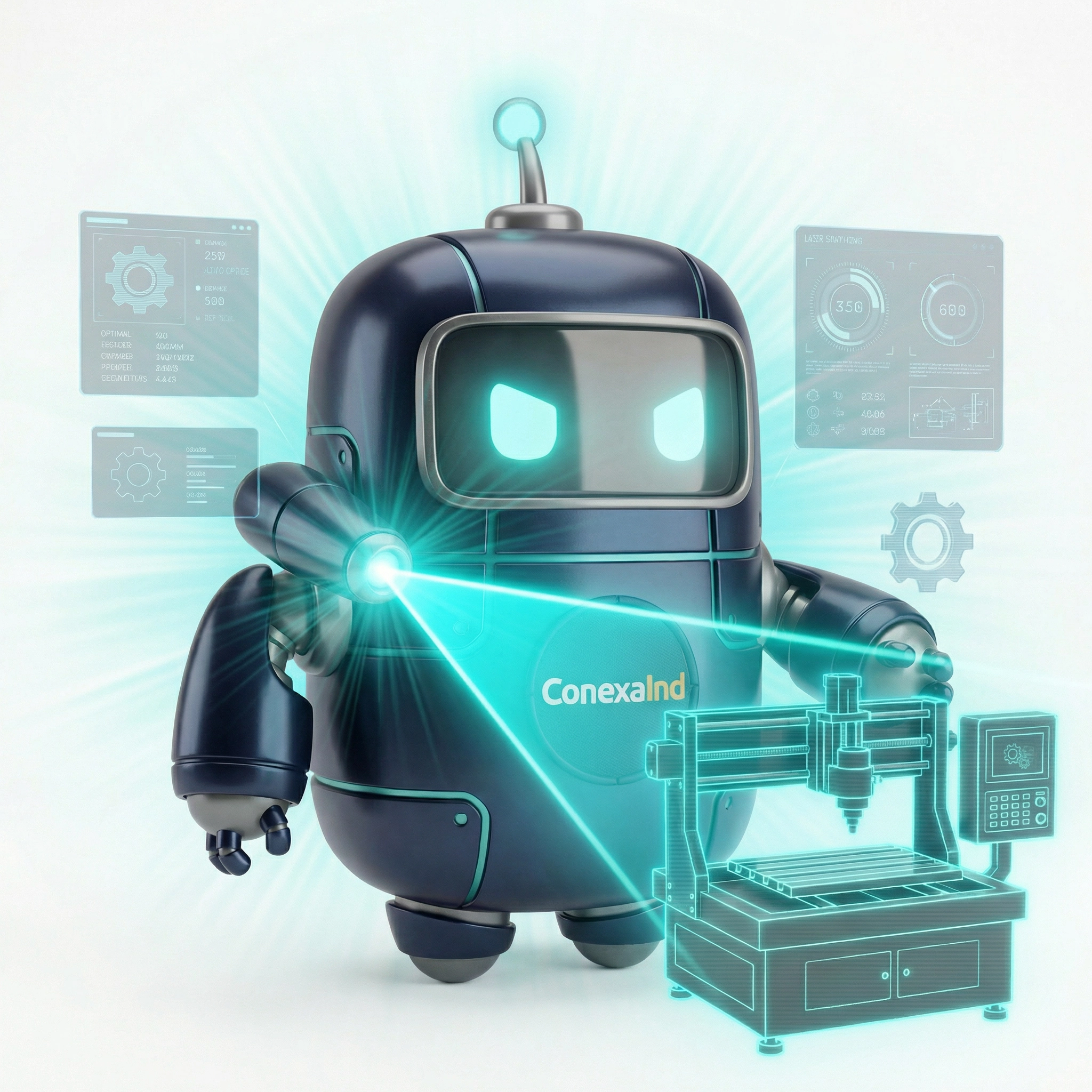 Mascote ConexaInd analisando equipamento