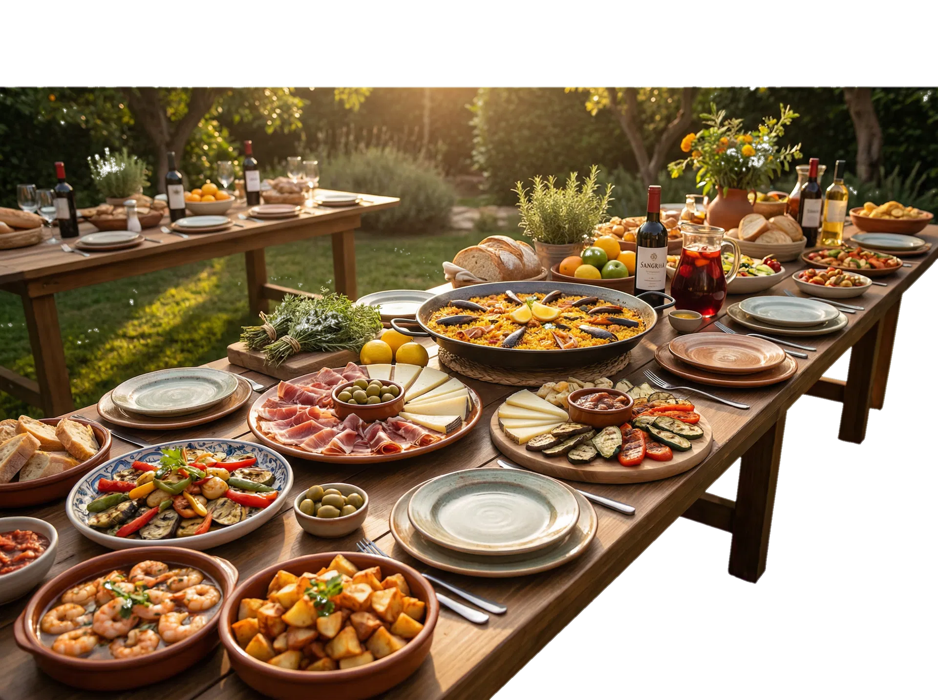 Outside catering table with tapas and paella in a garden setting