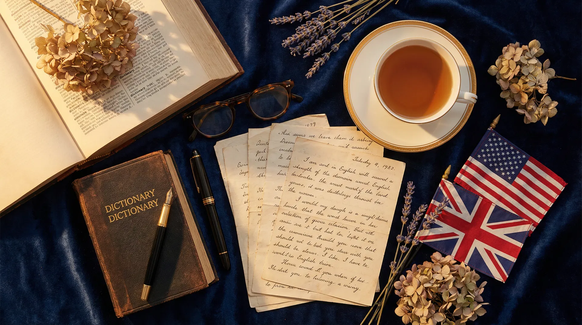 Materiais de ensino de inglês - dicionário, notas, bandeiras