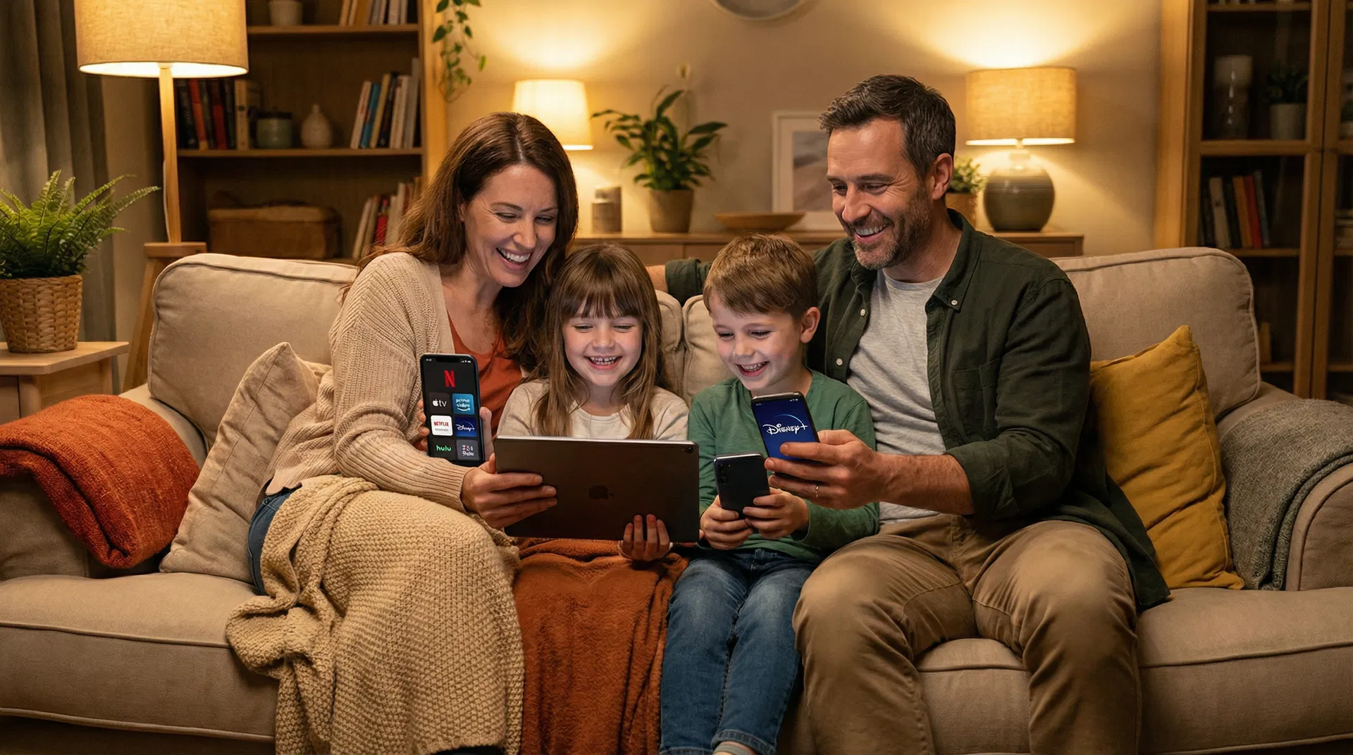 Família assistindo streaming com internet fibra e aplicativos inclusos InternetMais
