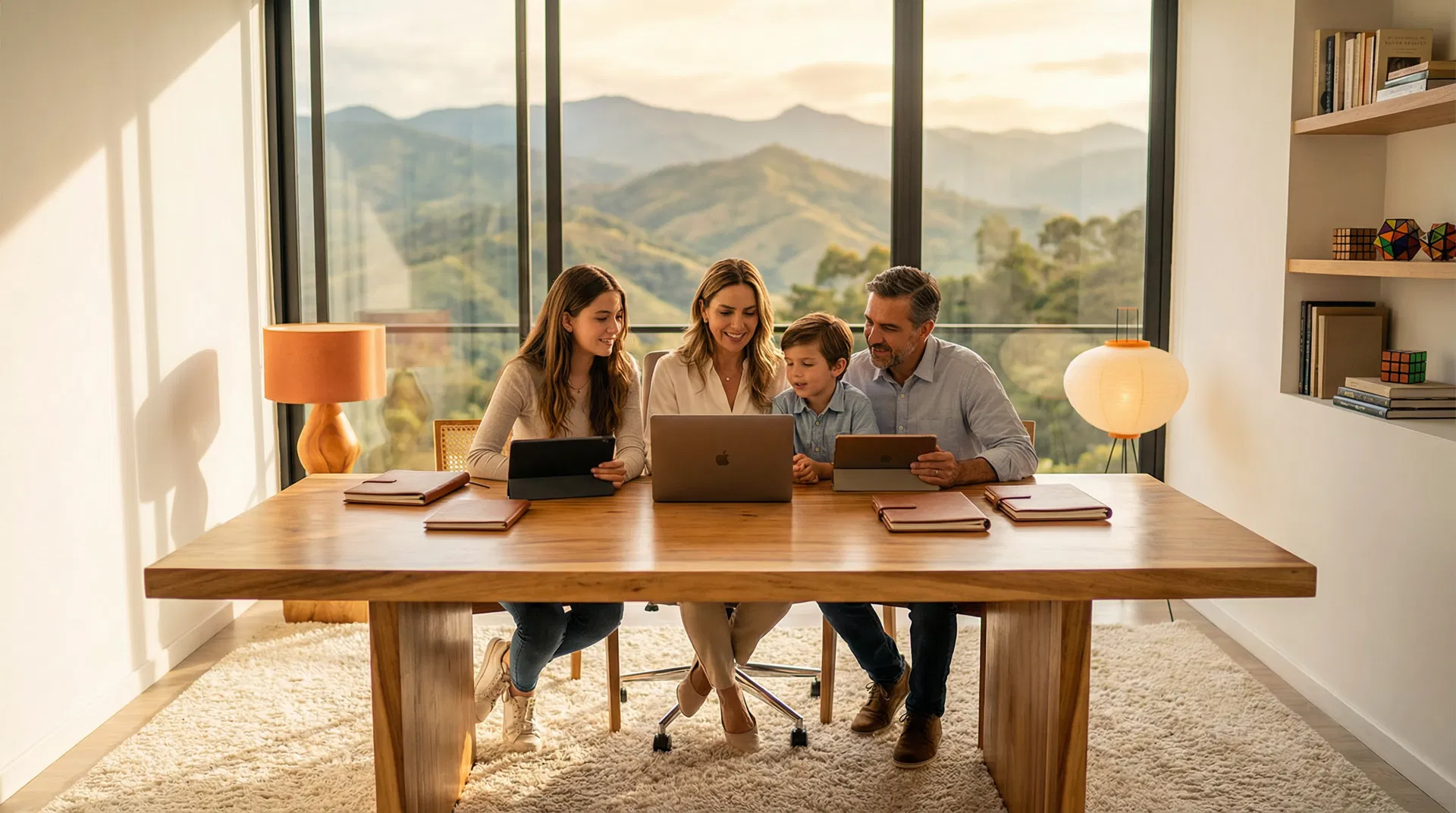 Familia estudiando en casa