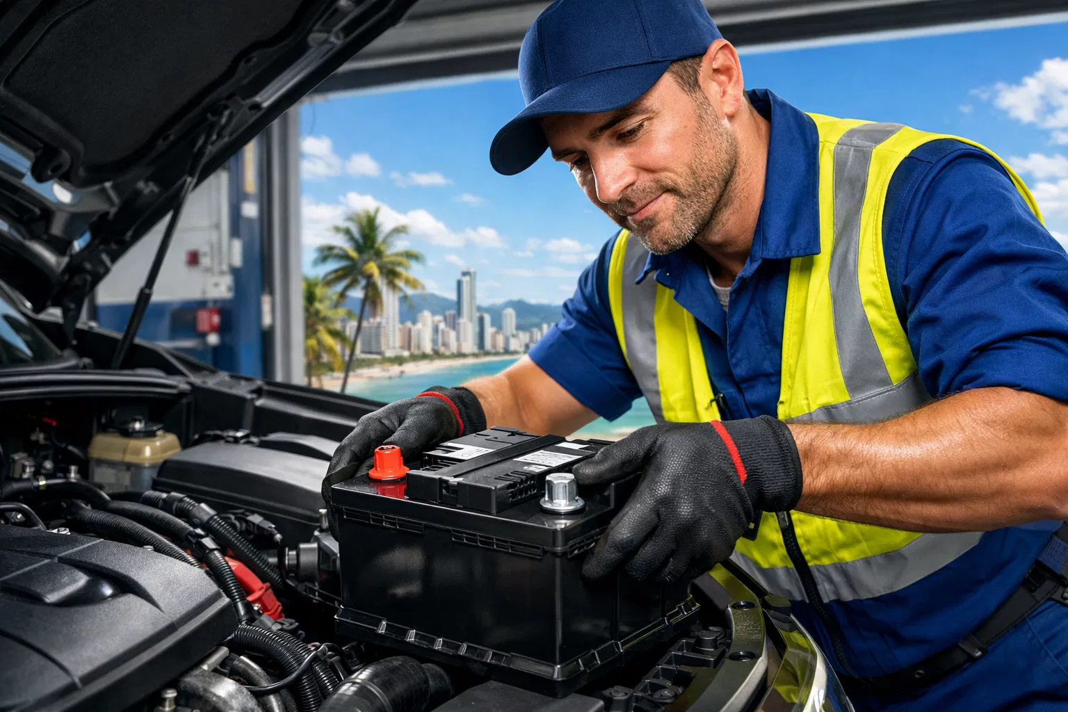 Mecânico profissional instalando bateria