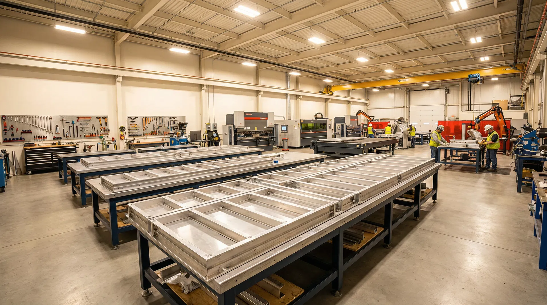 Interior da fábrica ENGINEW com mesas de montagem de fôrmas
