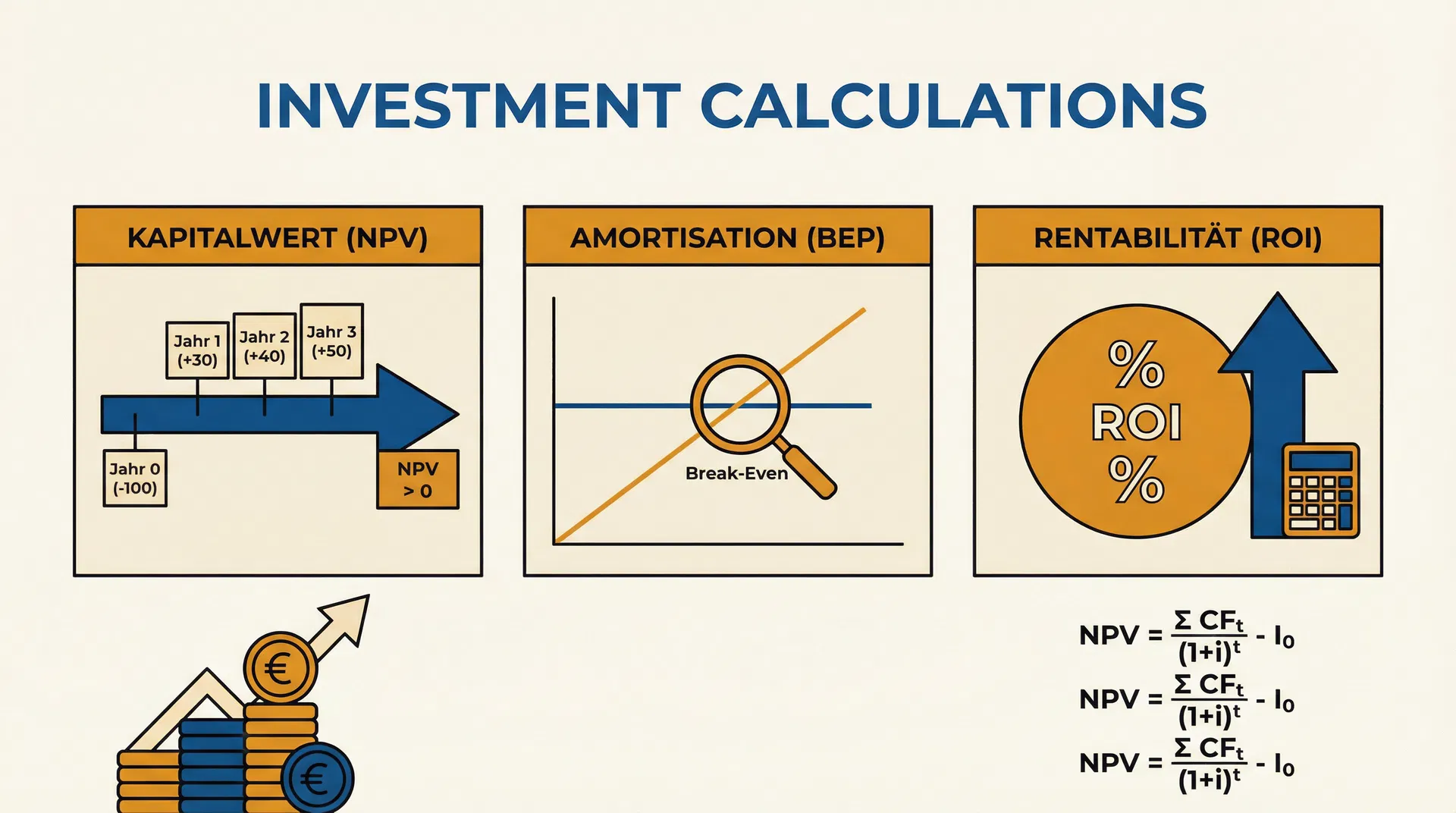 Investitionsrechnung für Meister: Kapitalwert, Amortisation & Rentabilität berechnen