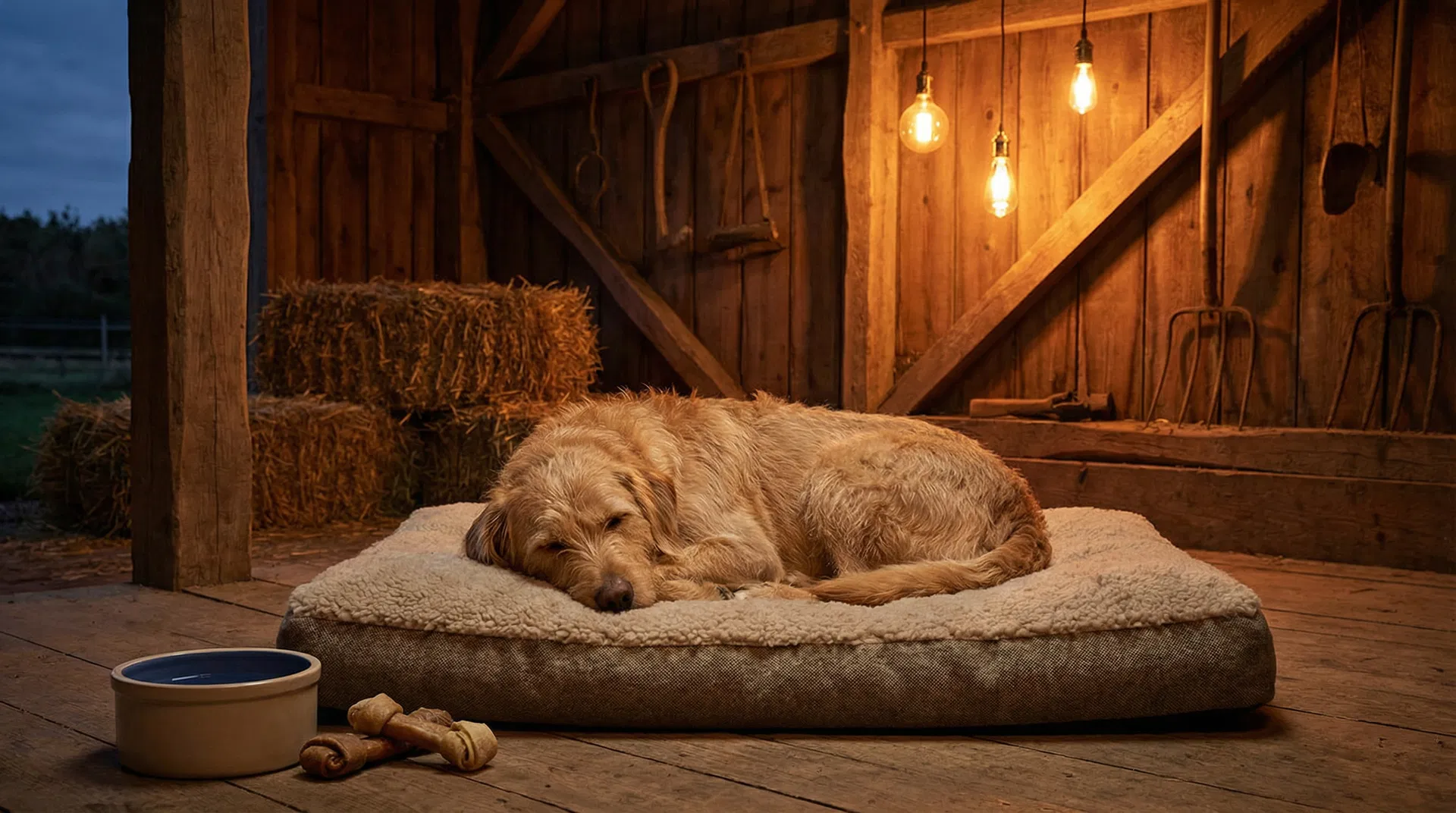 A happy dog resting comfortably in the Gratefull Gardens barn
