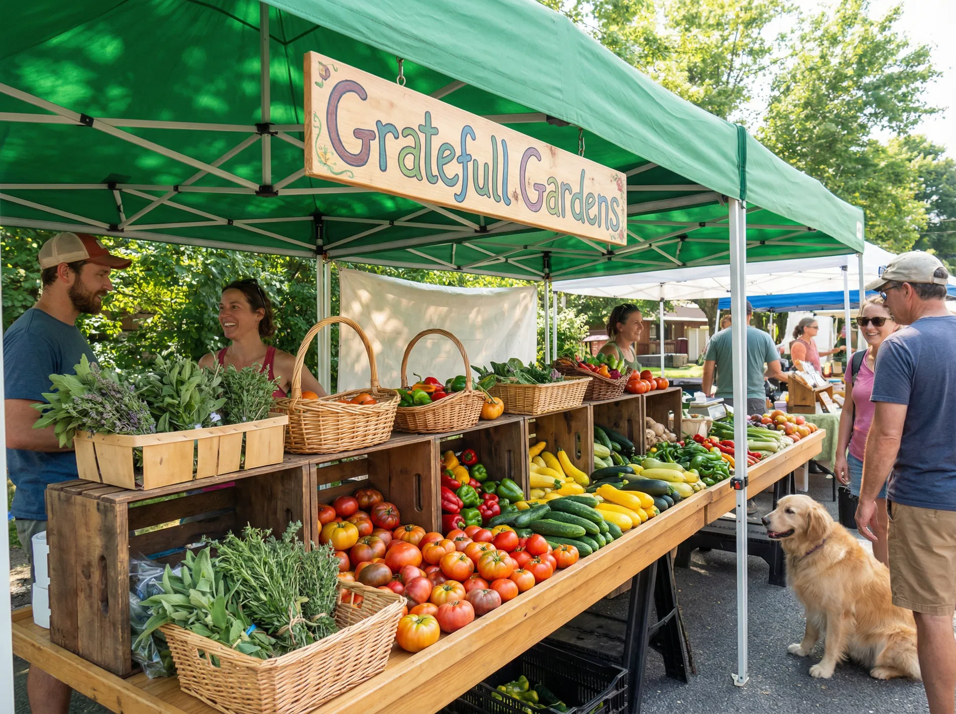 Gratefull Gardens farmers market booth with fresh vegetables and plant starts
