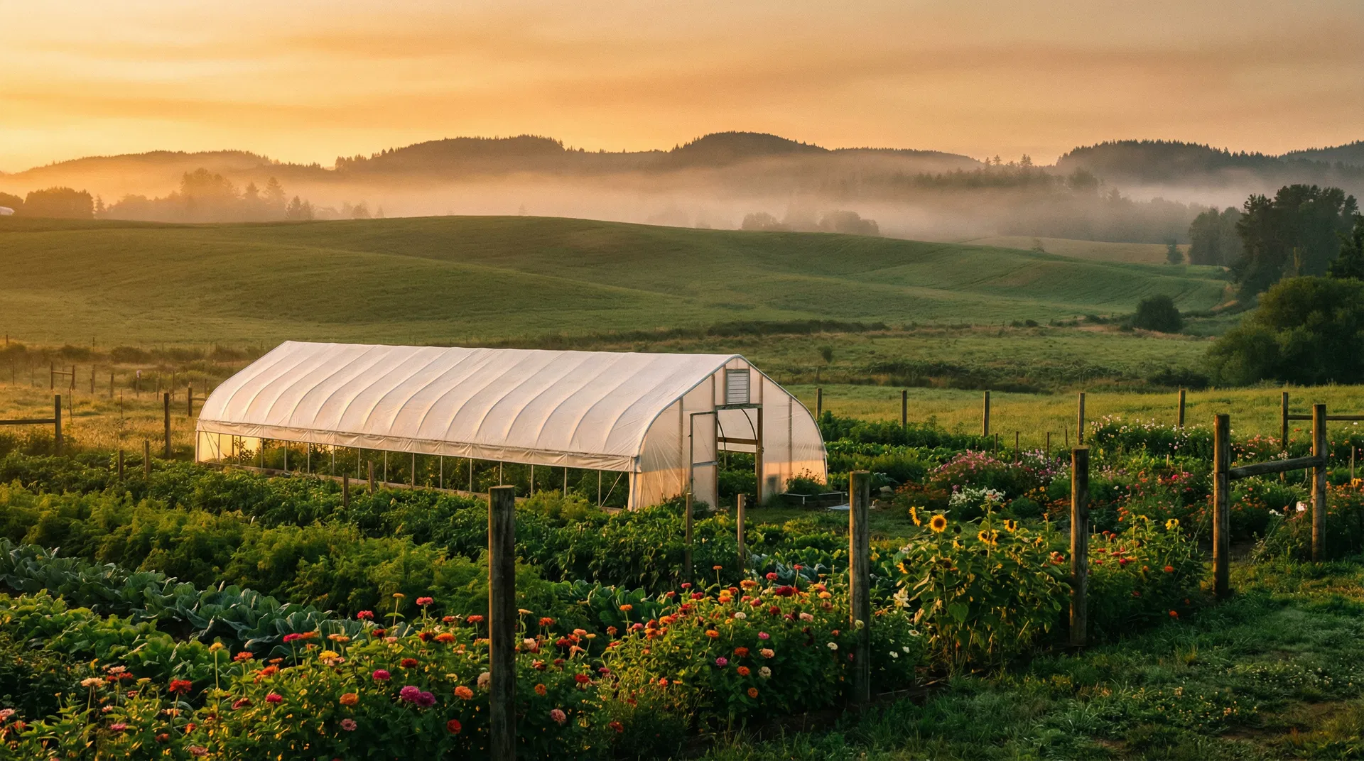 Gratefull Gardens farm at golden hour — greenhouse and flower fields in the Willamette Valley