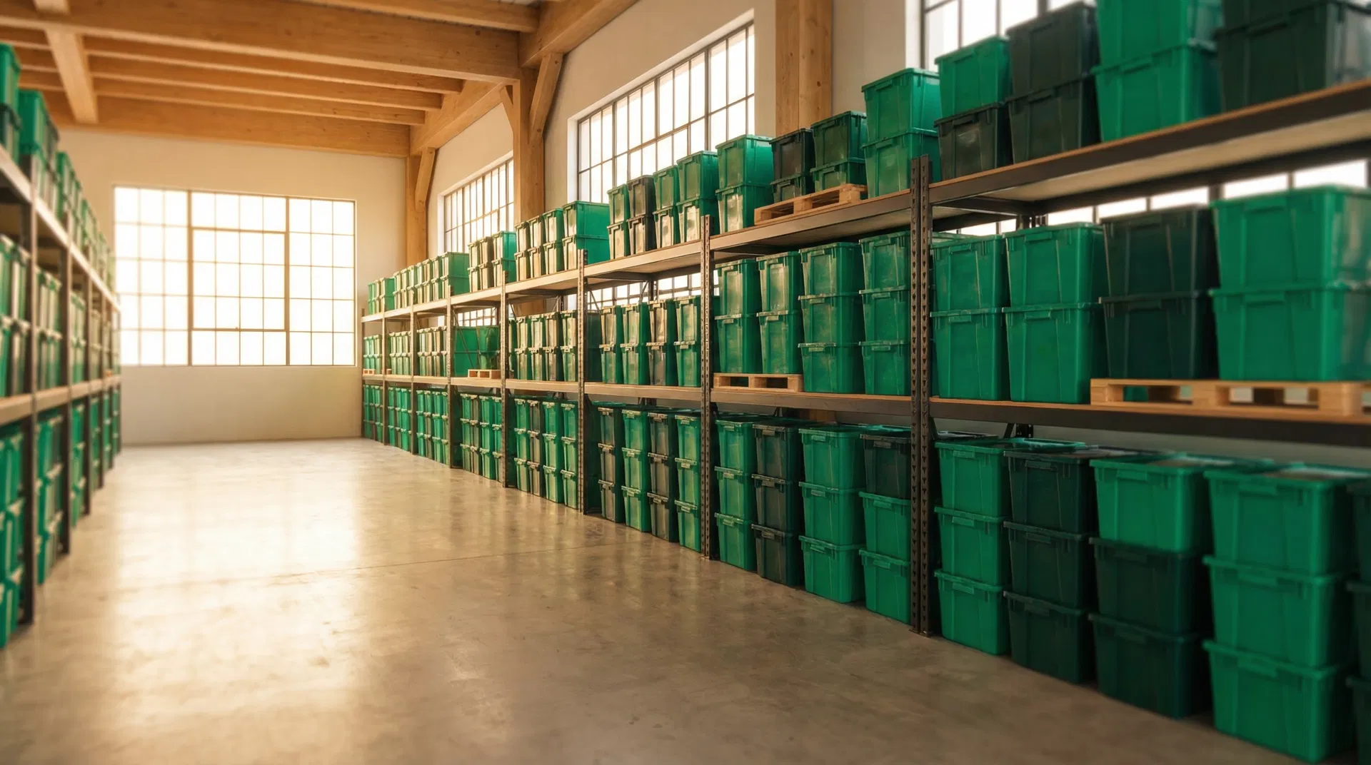 Emerald Tote warehouse, reusable totes ready for storage partners