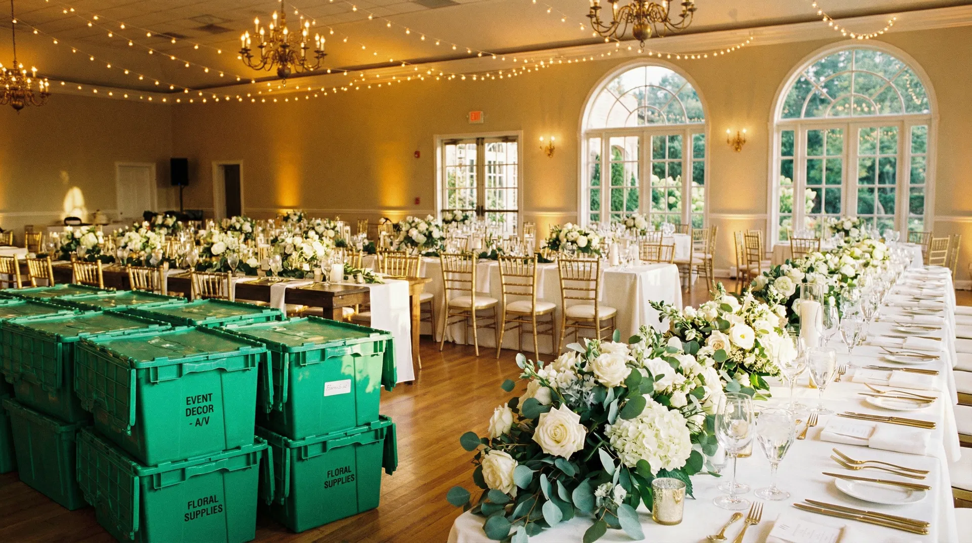 Green Emerald Tote moving totes at a wedding venue with floral arrangements