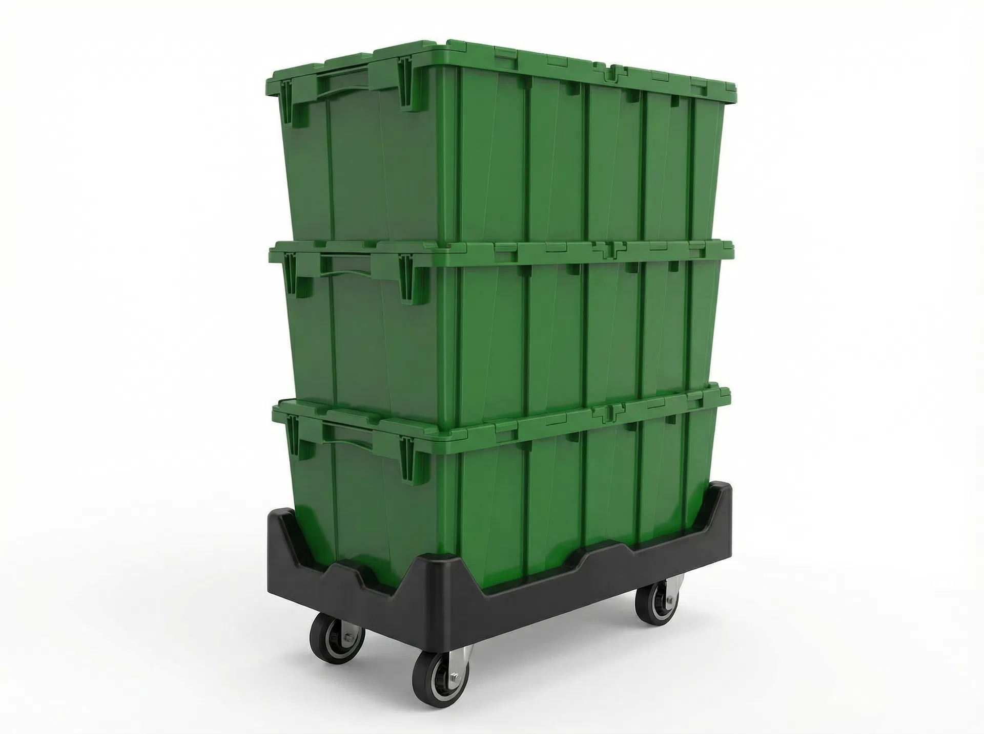 Rows of emerald green reusable moving totes on a dolly, ready for delivery