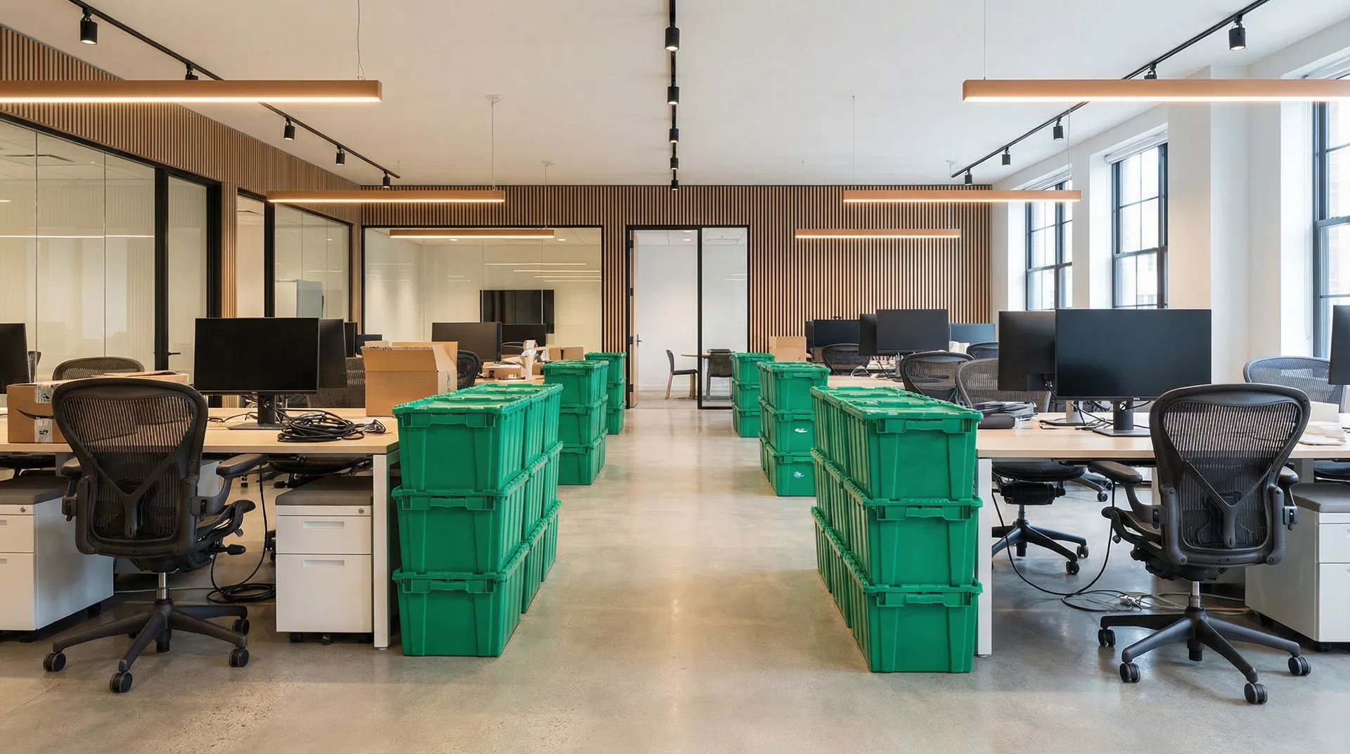 Green moving totes in a modern office space ready for a business relocation