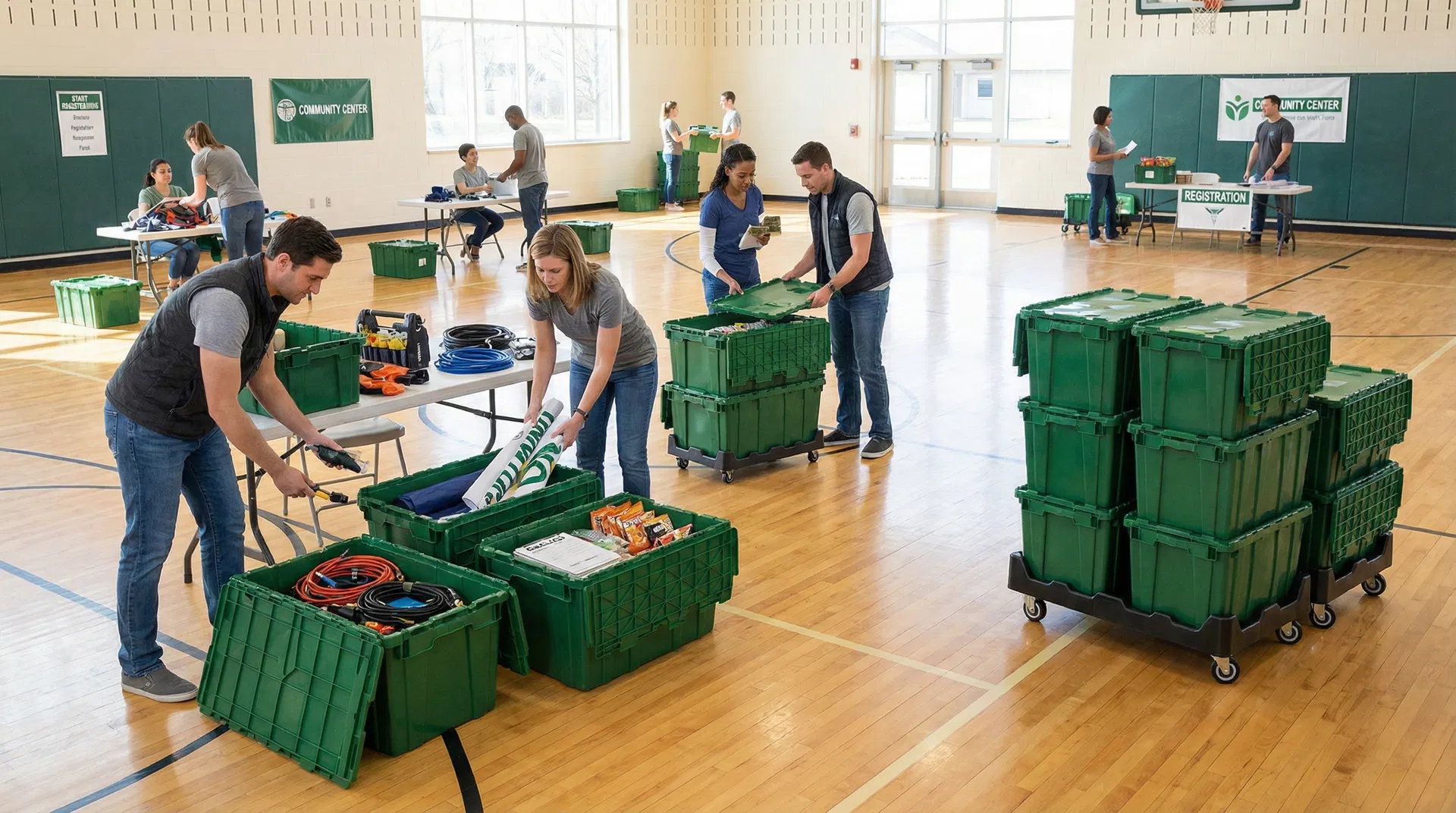 Green Emerald Tote moving totes at a wedding venue with floral arrangements