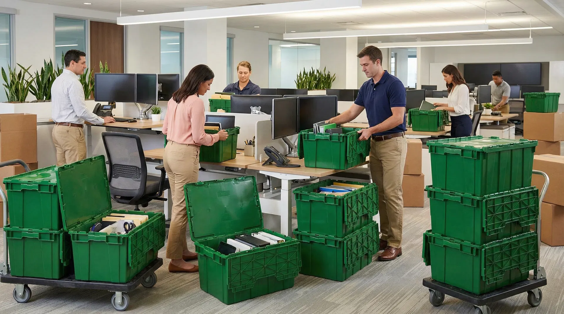 Green moving totes in a modern office space ready for a business relocation