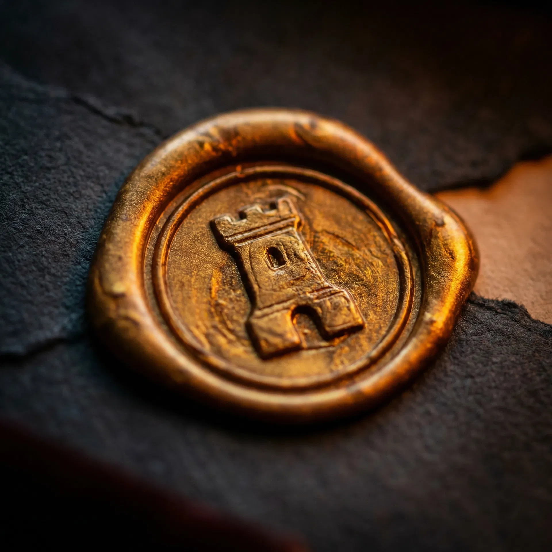 Gold wax seal with watchtower emblem
