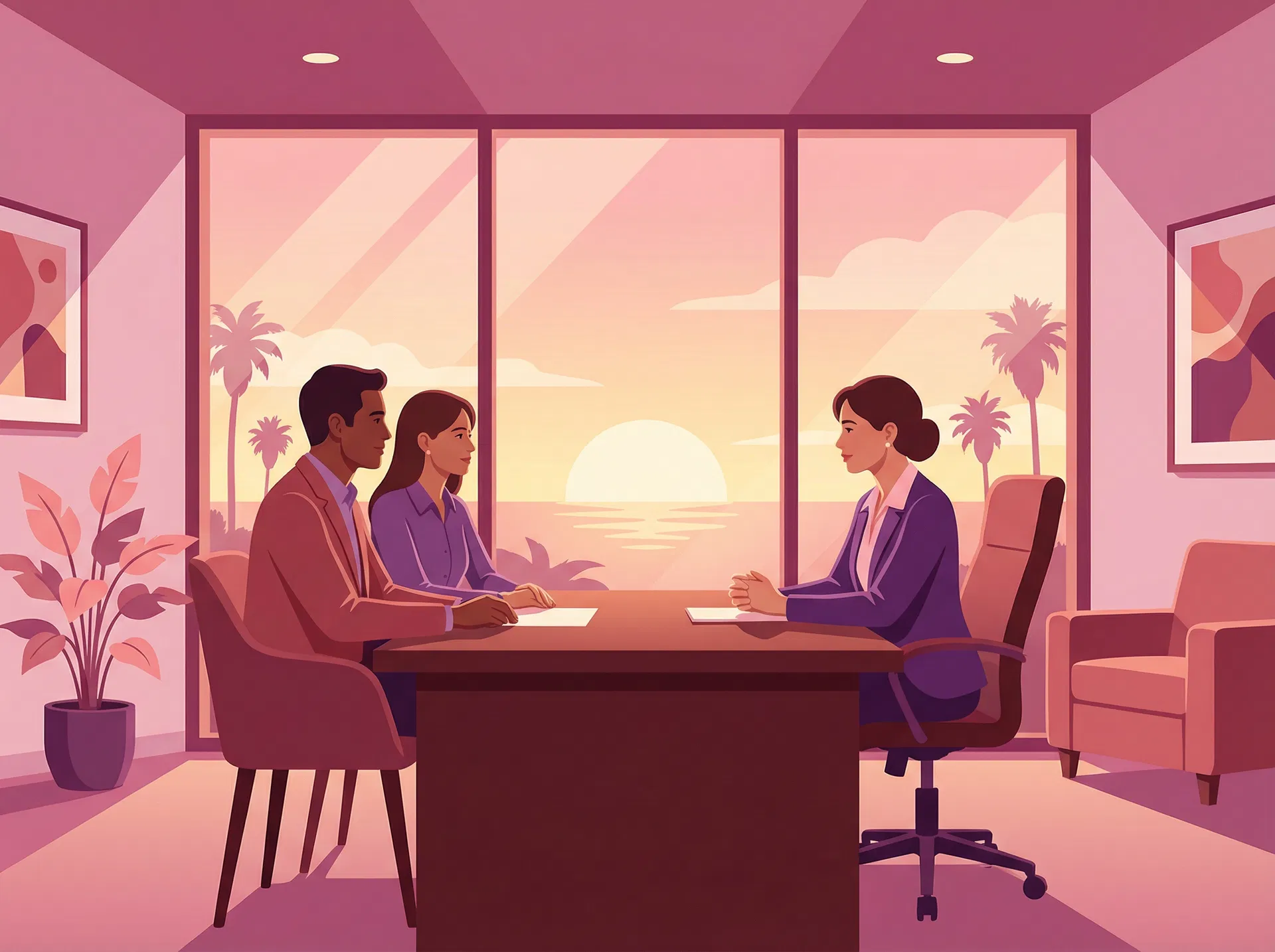 Professional mediation session - two clients meeting with a mediator in a calm office setting