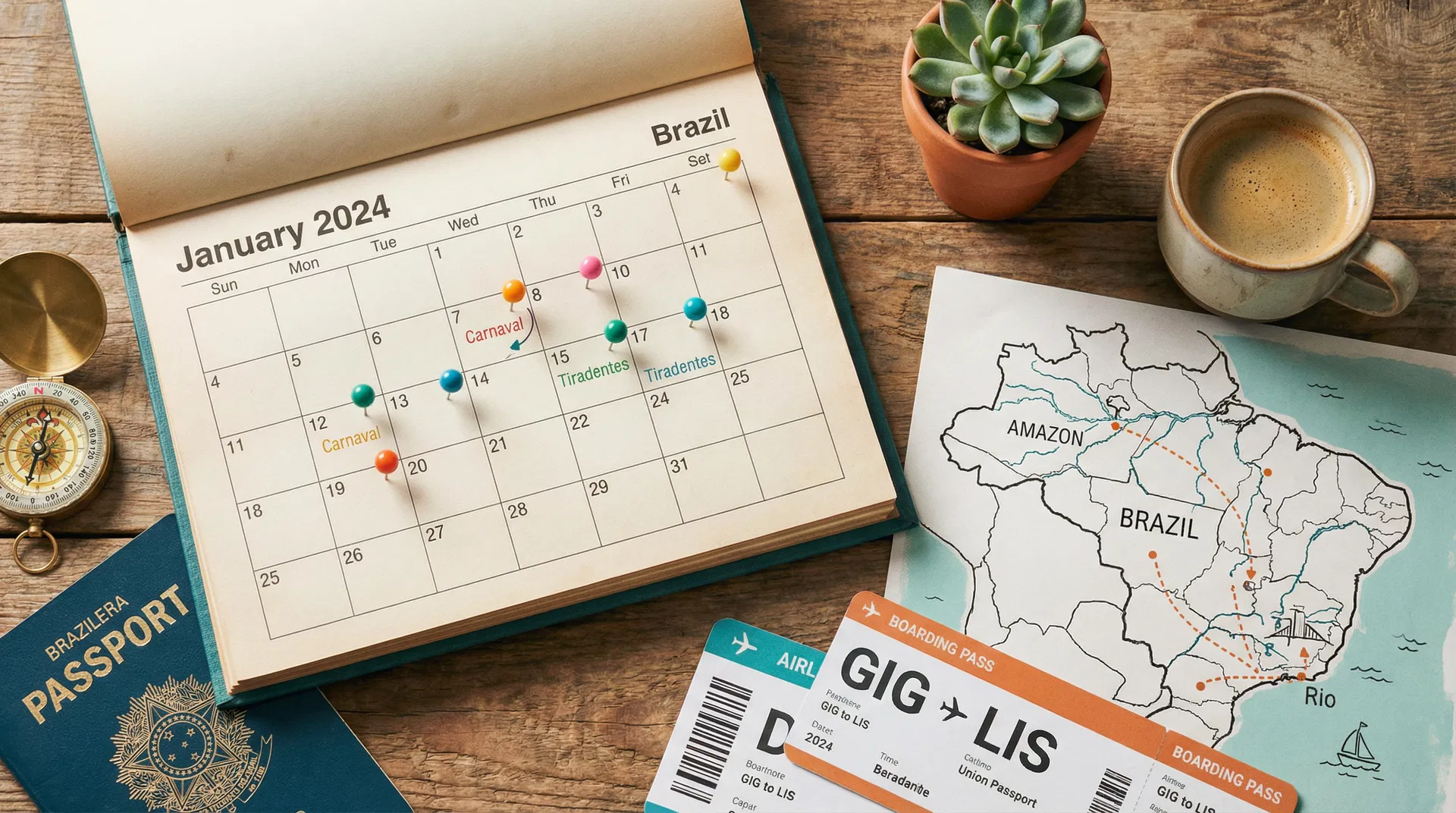 Planejamento de viagem com calendário de feriados