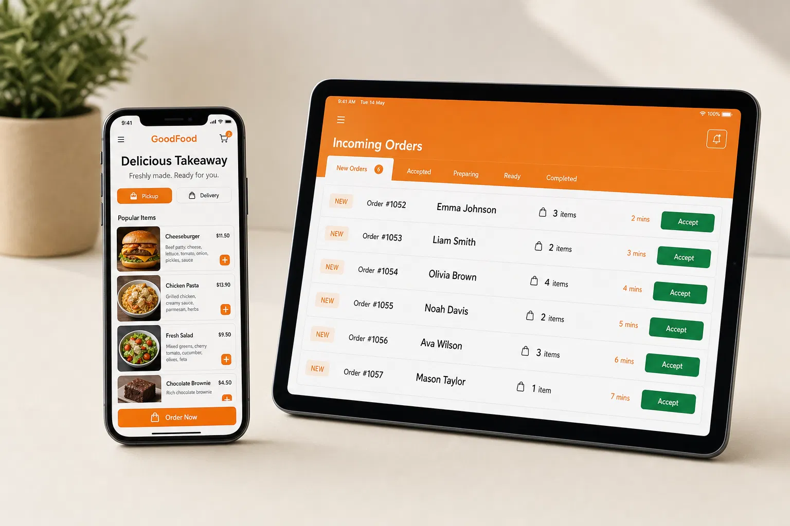 Ordio dual experience: customer ordering on phone and owner management screen on tablet