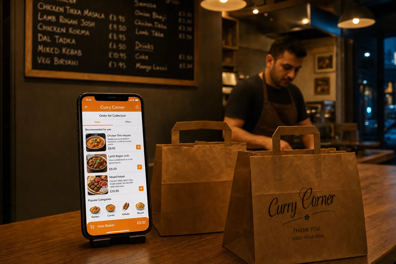 Takeaway counter with customer ordering on phone