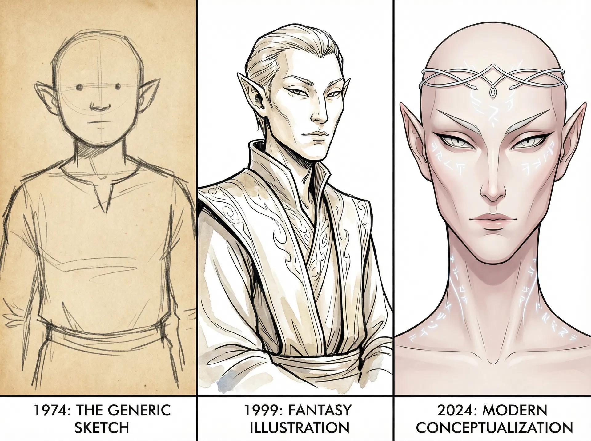 AI conceptualization of the evolution of the elf face from 1974 to present